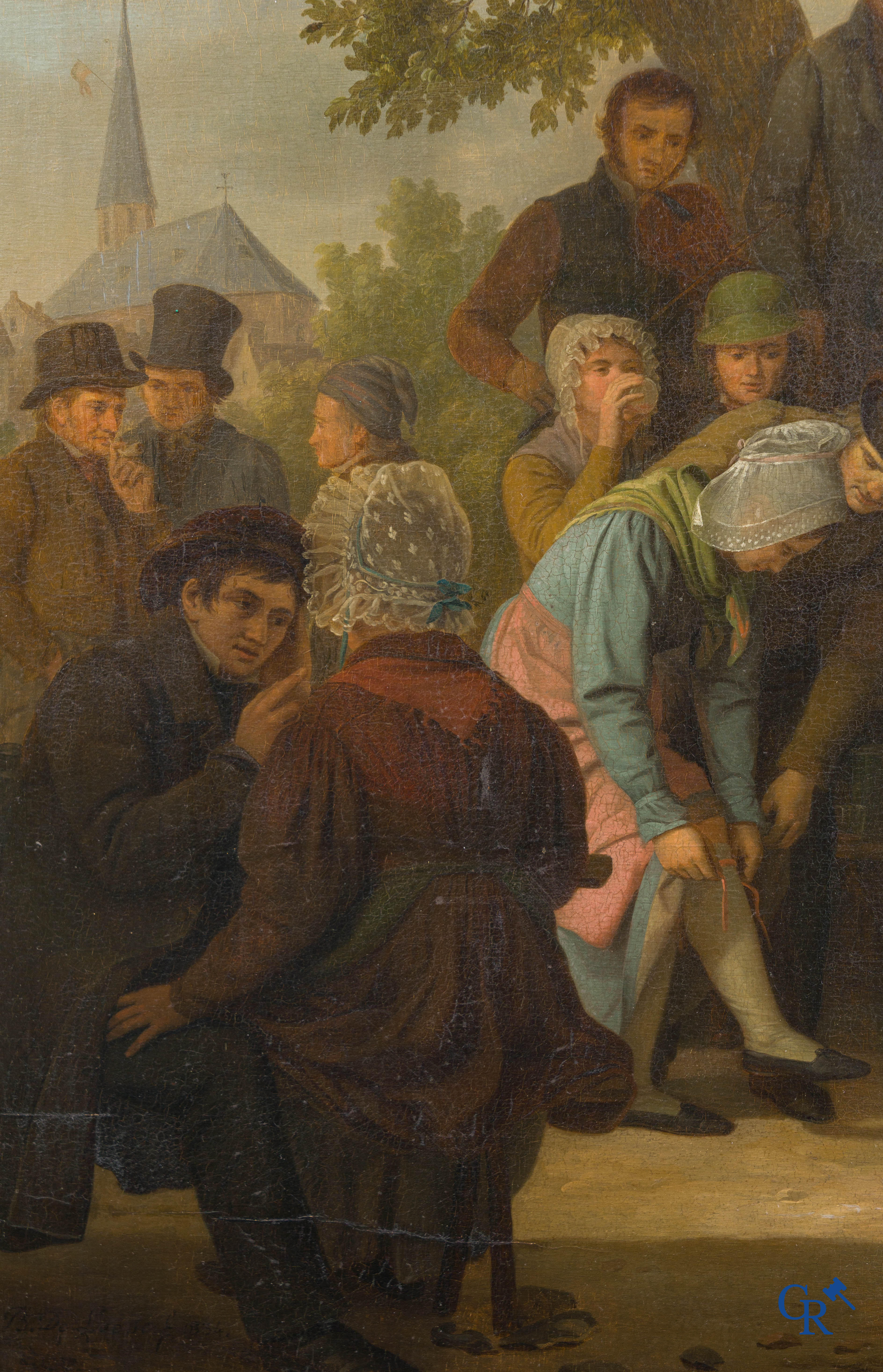 Basile De Loose (1809-1885) "Het dorpsfeest" Olie op paneel in vergulde kader. Gesigneerd B. De Loose fecit 1834.