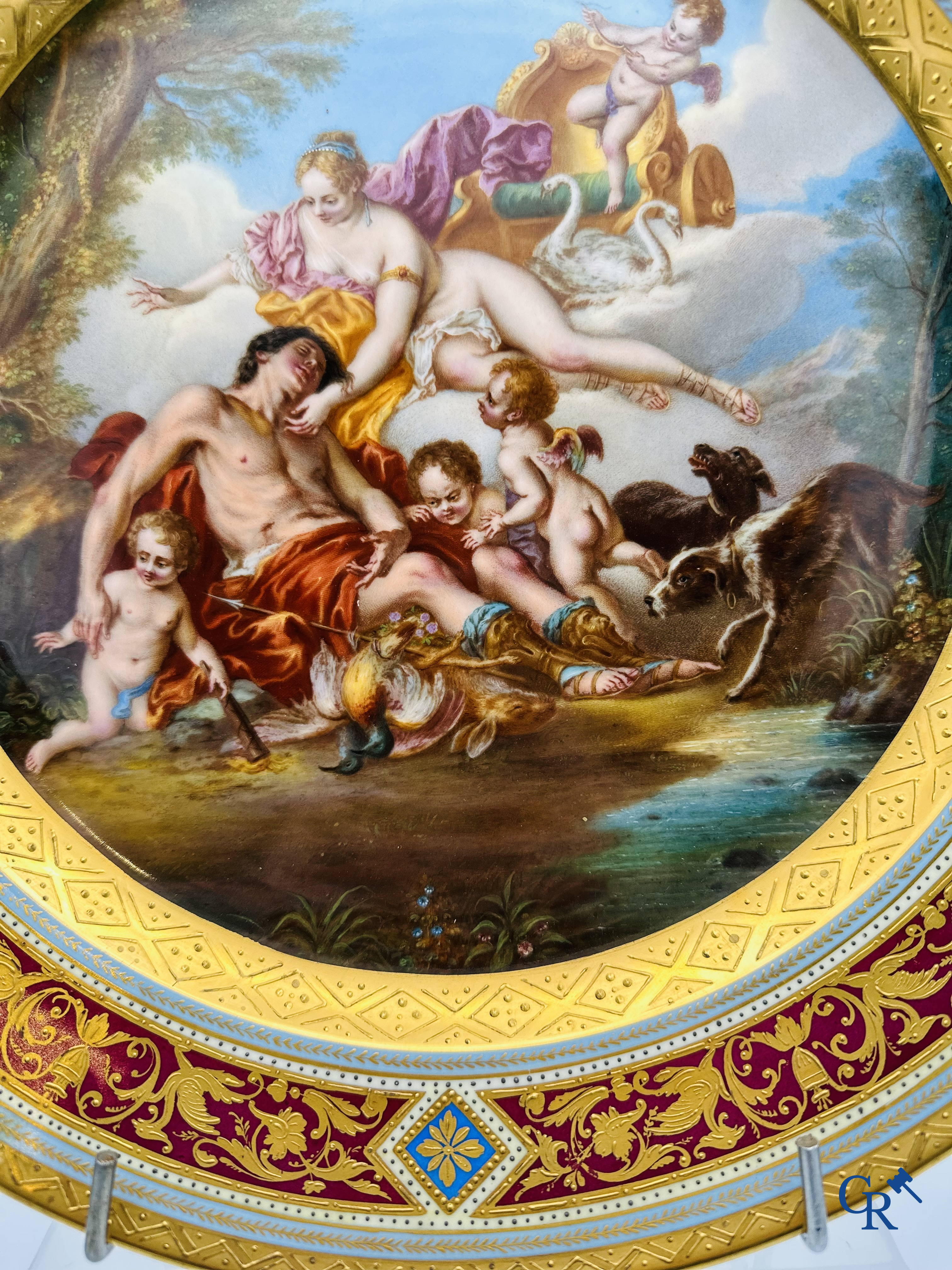 Royal Vienna Porcelain Manufactory: Large dish depicting the death of Adonis. 19th century.