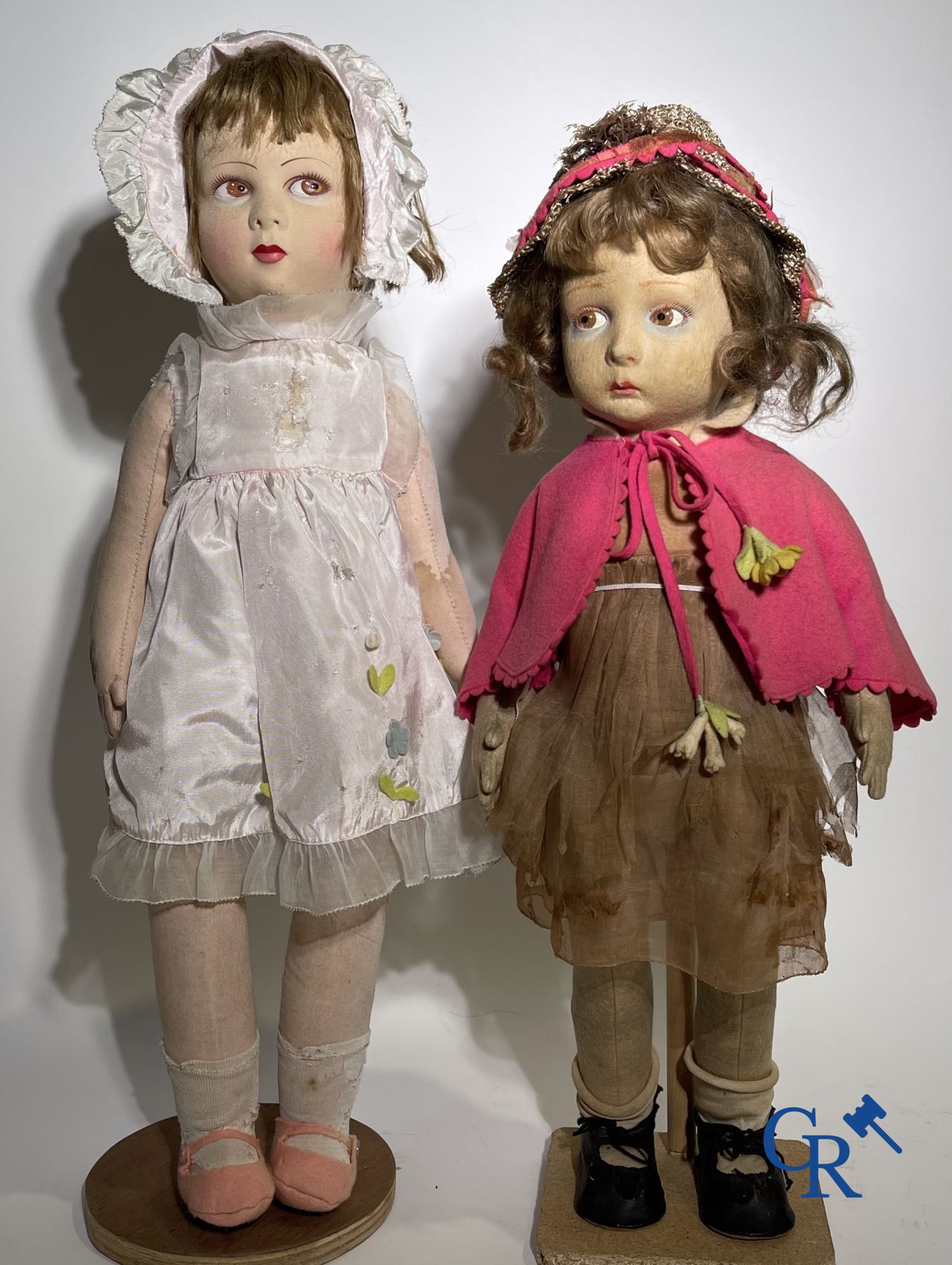 Toys: antique dolls: a lot of 6 dolls with a miniature grocery store attached.