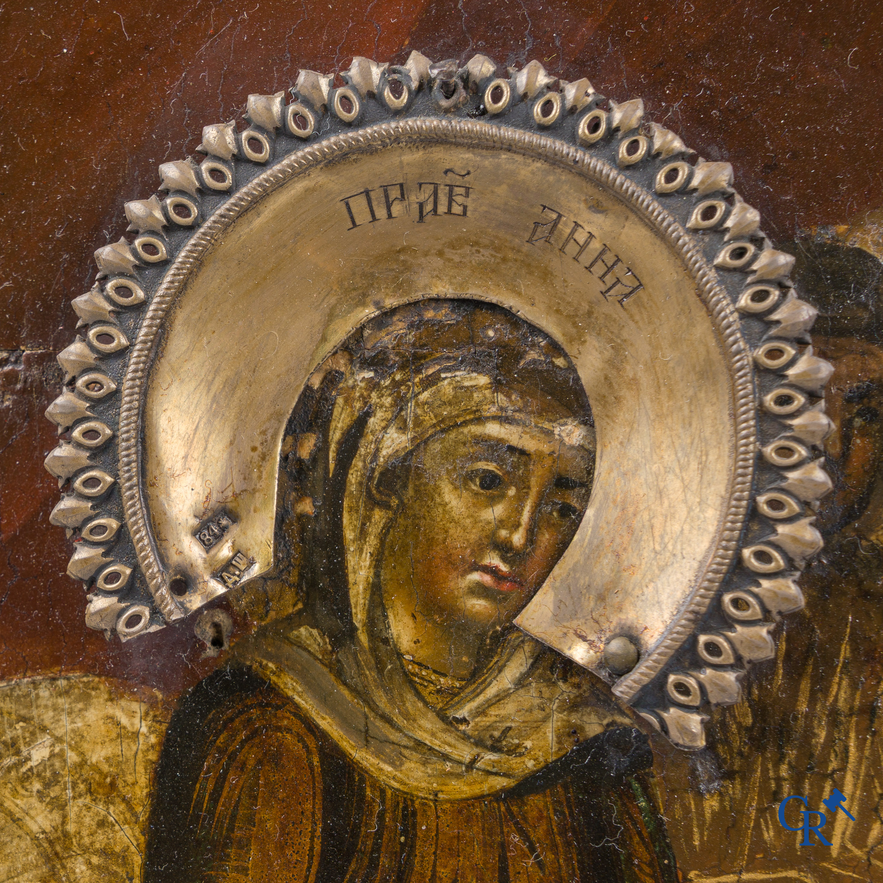 Russisch werk. De geboorte van Jezus. Grote Russische icoon met zilver oklad. Zilvergehalte 84 en gedateerd 1883.