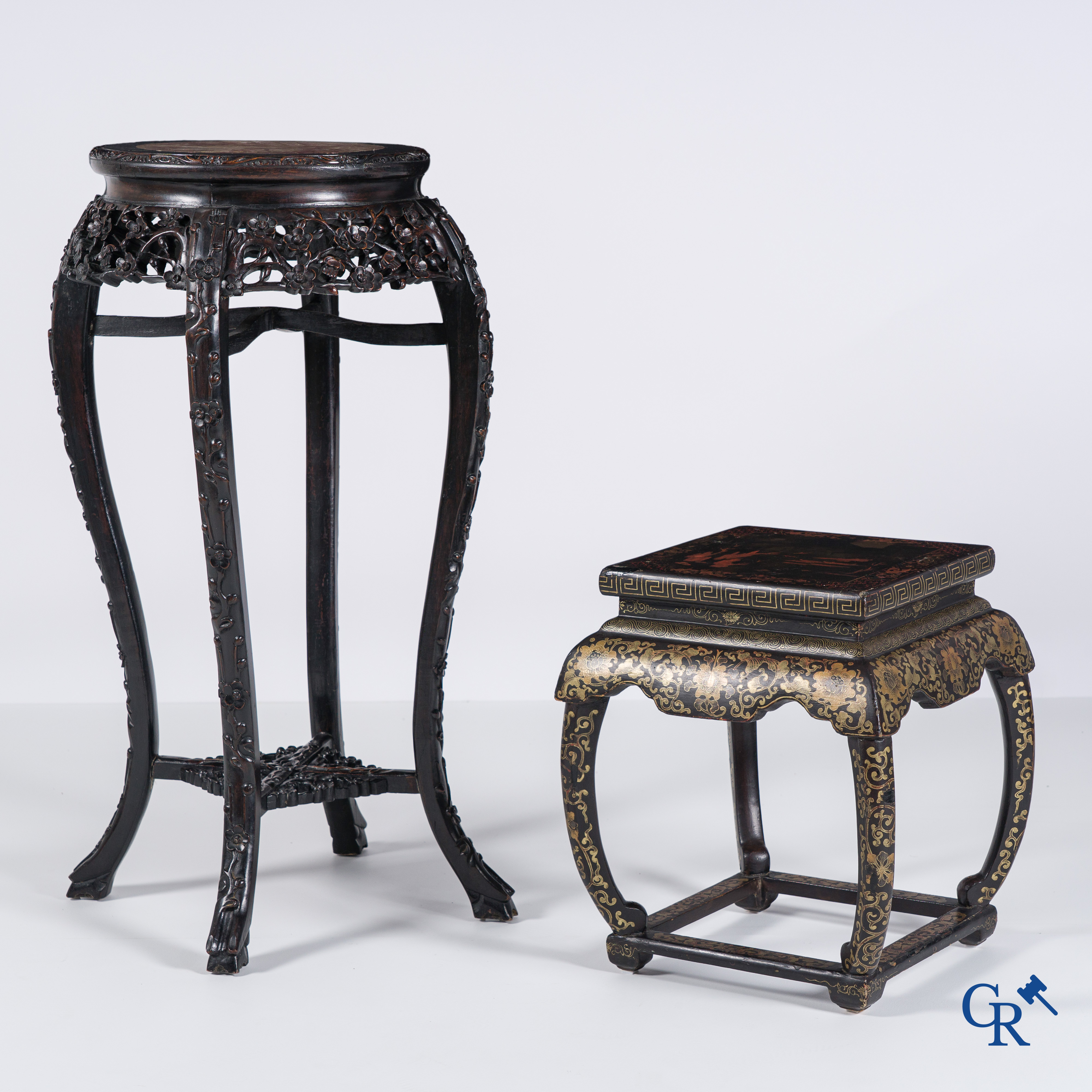 Asian Art: A pedestal in Chinese hardwood and a square Chinese painted and lacquered pedestal. 19th century.