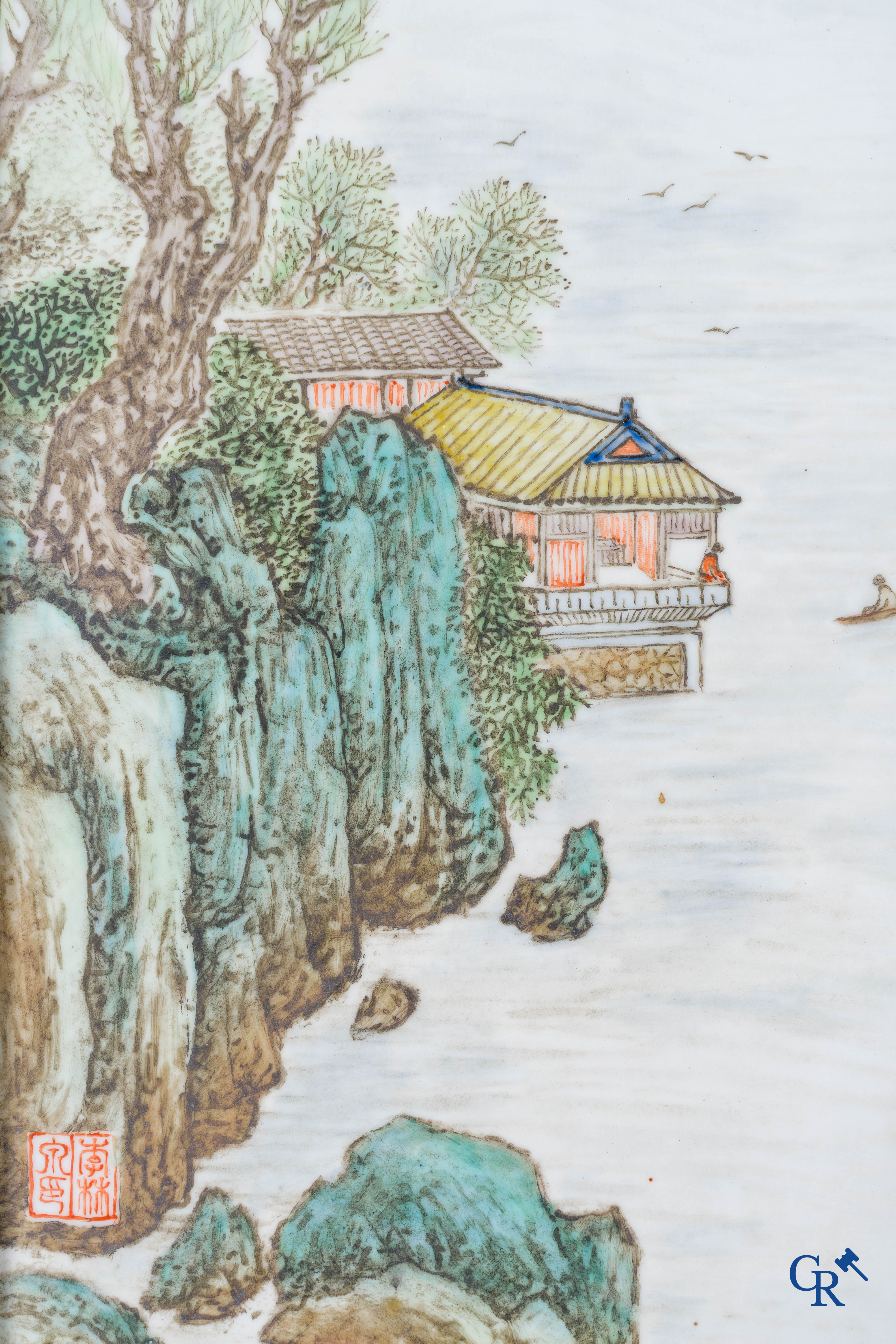 Asian Art: Chinese porcelain, 2 Chinese porcelain plaques with a decor of characters in mountain landscapes. Marked.