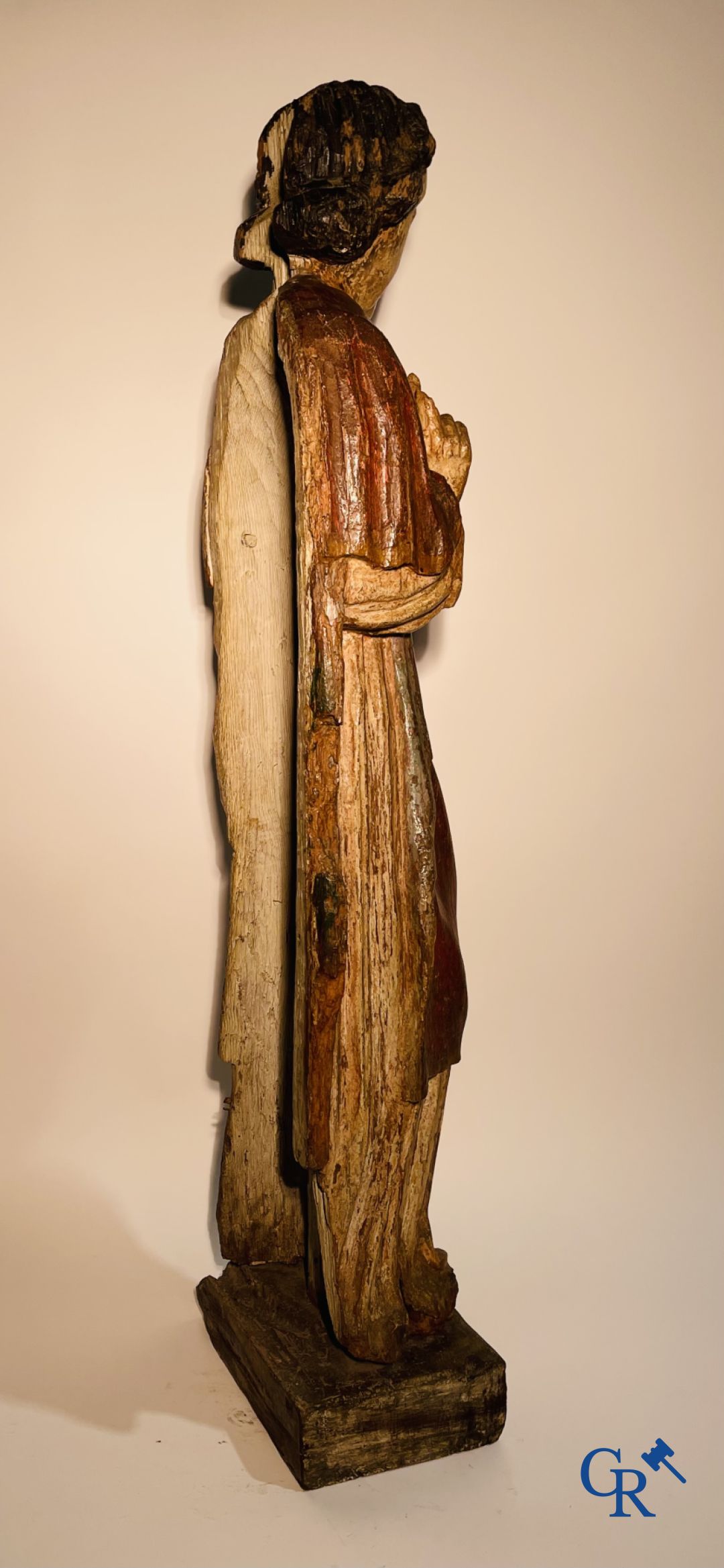 Wooden sculpture: Polychrome wood sculpture of a saint. Saint Stephen. Probably 17th century.