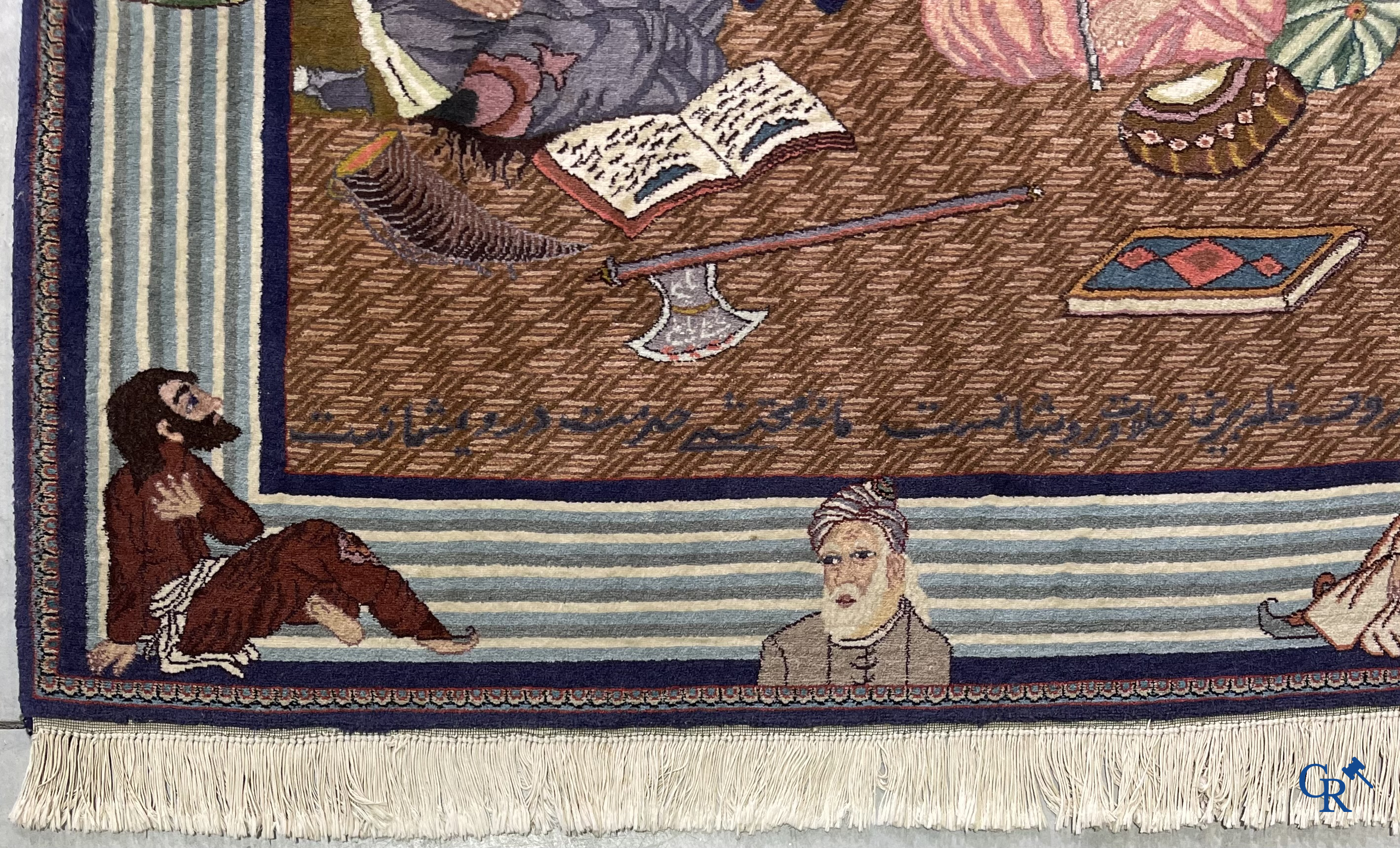 Oriental carpets: Tabriz, Iran. A hand-knotted Tabriz carpet with scholars in a temple.