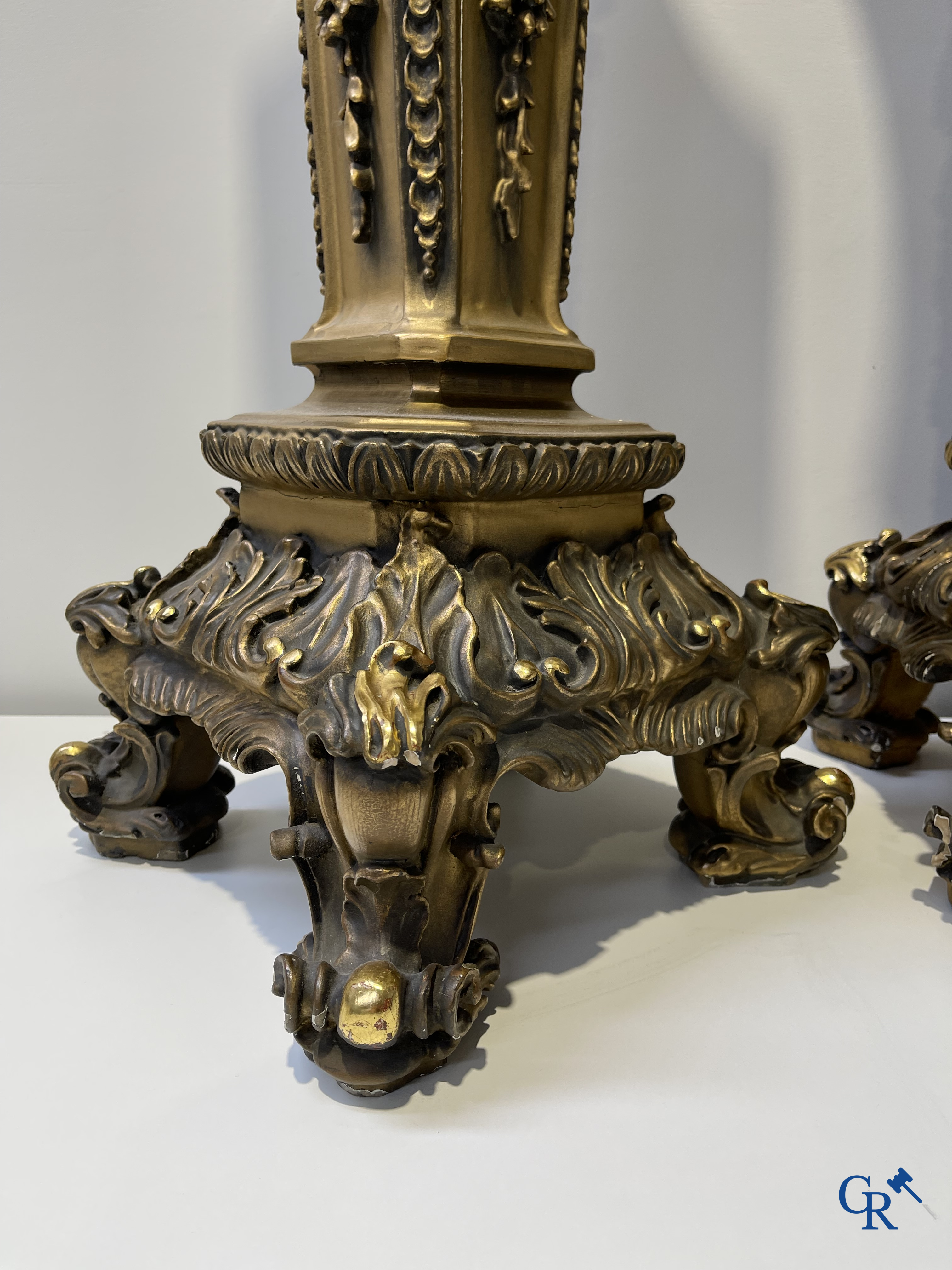 Pair of decorative gilded pedestals with onix top.