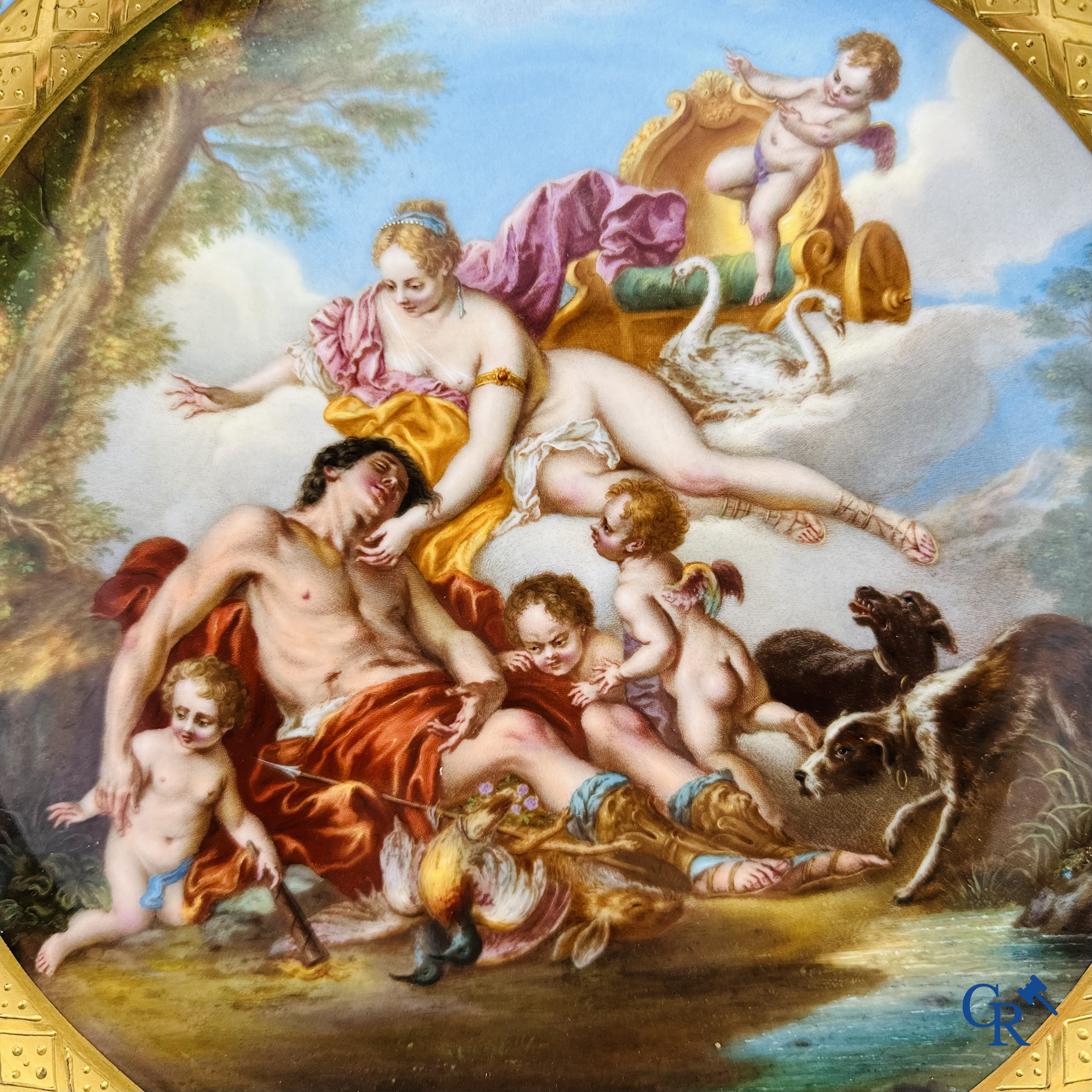 Royal Vienna Porcelain Manufactory: Large dish depicting the death of Adonis. 19th century.