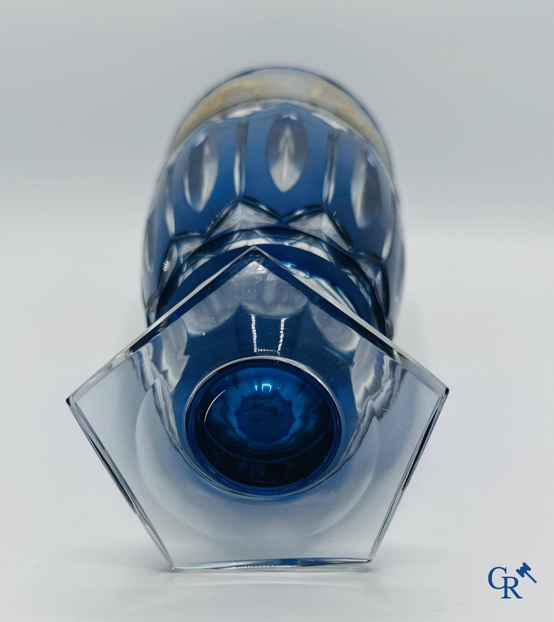 Val Saint Lambert: Léon Ledrut: Vase in crystal with "Danse de flore" motif on a blue background.