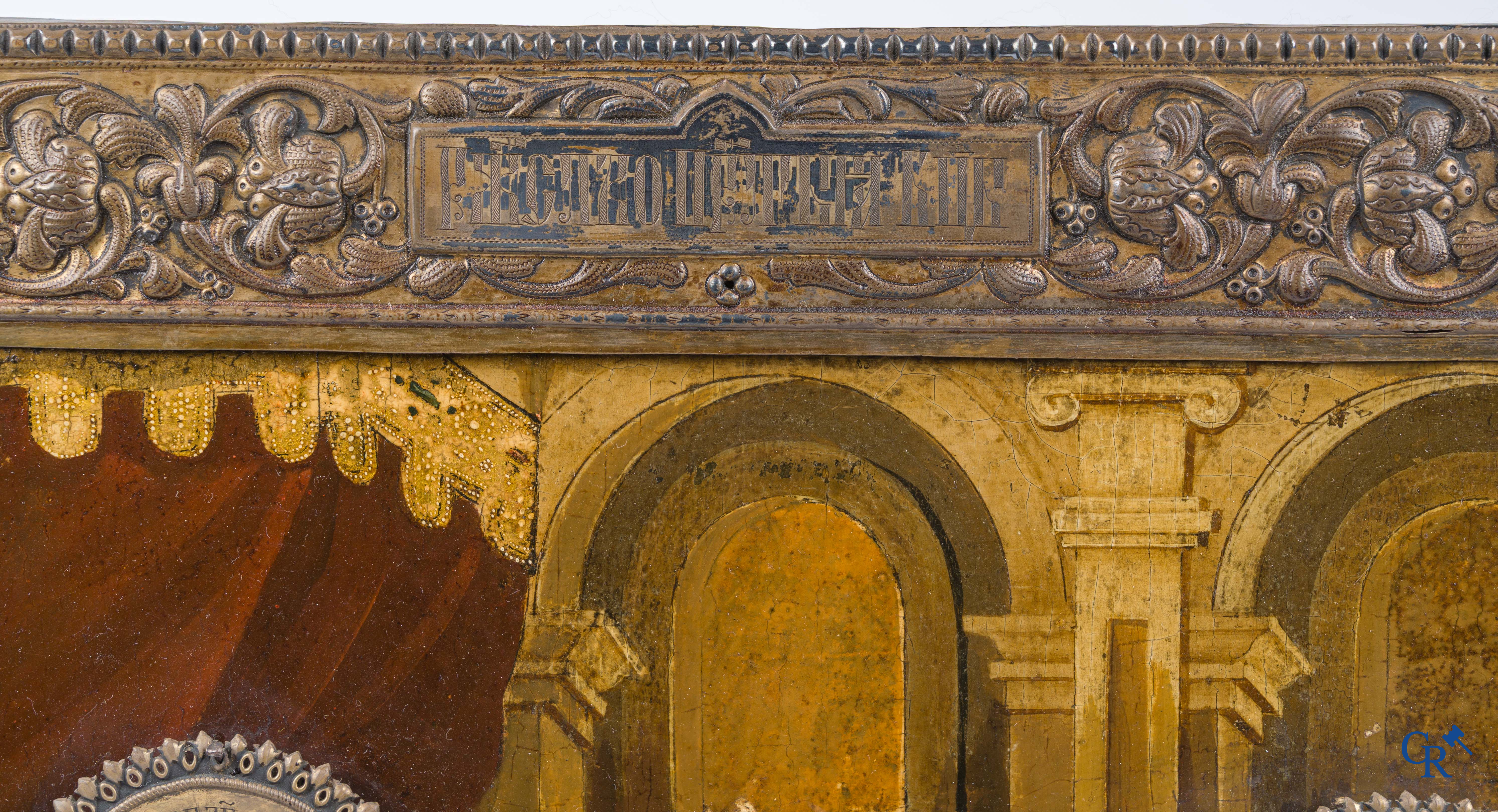 Russisch werk. De geboorte van Jezus. Grote Russische icoon met zilver oklad. Zilvergehalte 84 en gedateerd 1883.