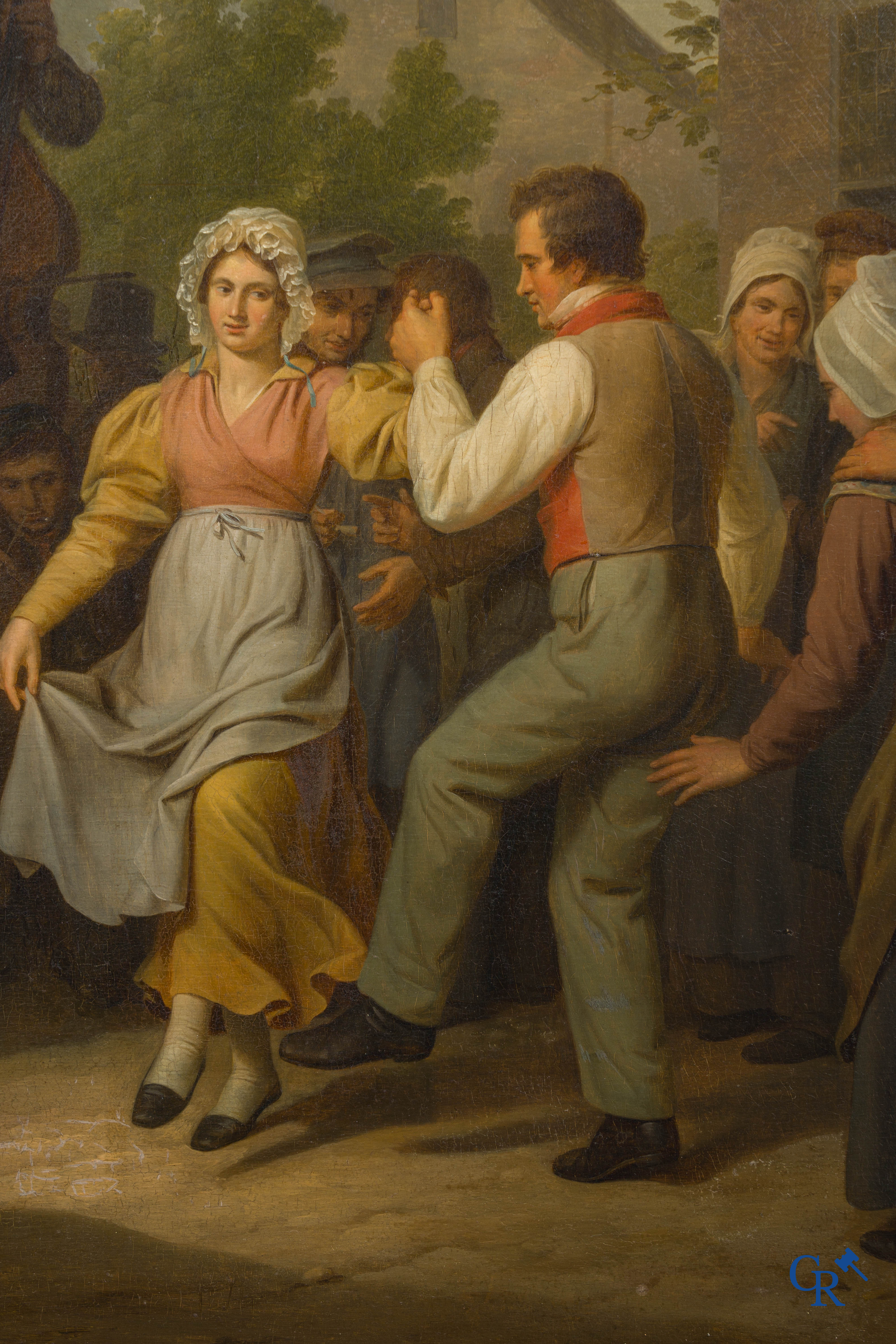 Basile De Loose (1809-1885) "Het dorpsfeest" Olie op paneel in vergulde kader. Gesigneerd B. De Loose fecit 1834.