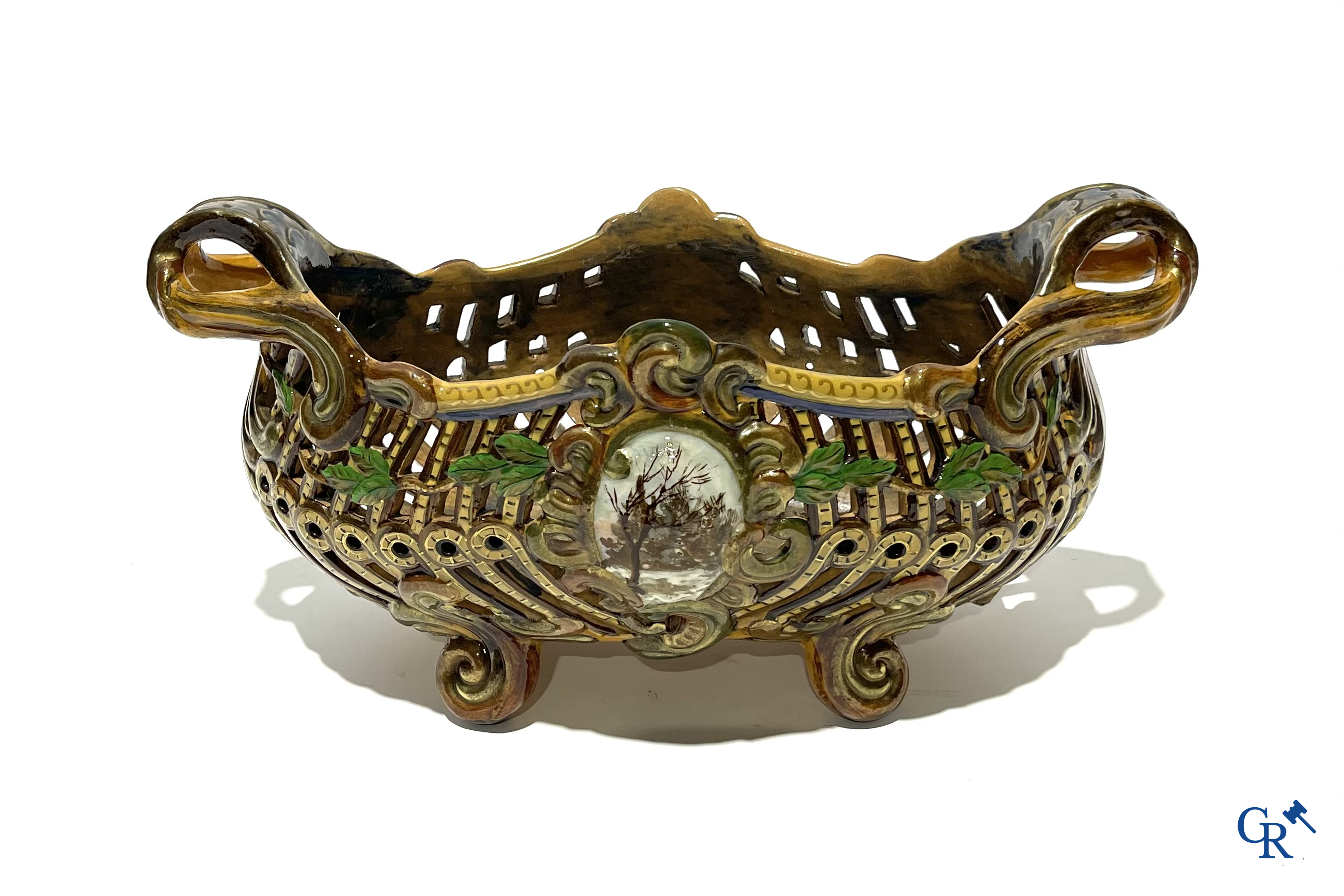 Emile Gallé Nancy, groot tafelmiddenstuk in geëmailleerde faience. Gesigneerd Gallé Nancy deposé.