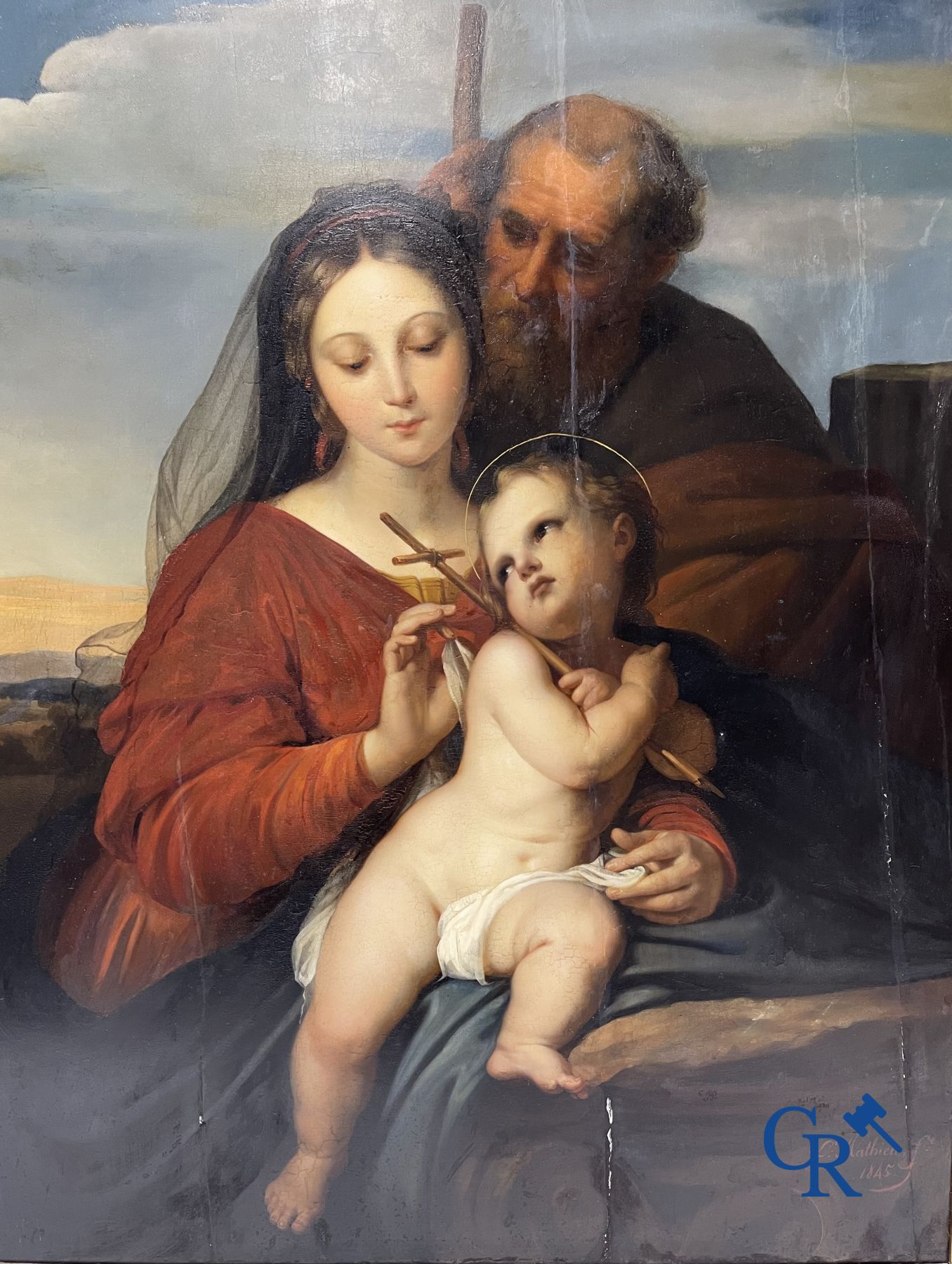 Peinture : Lambert Mathieu (Bury 1804 - Louvain 1861) Sainte Famille dans le gout de Raphaël Sanzio. Huile sur panneau.