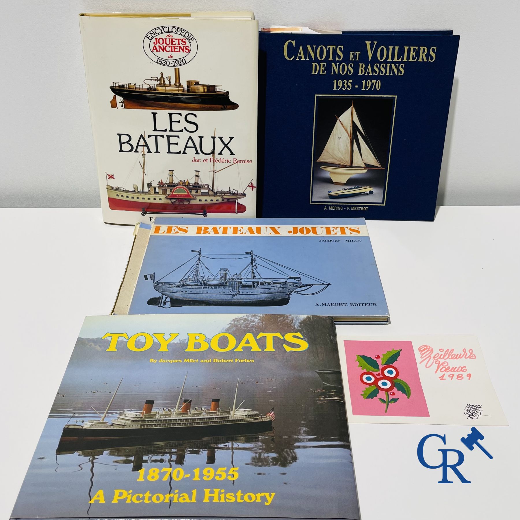 Jouets anciens : Jacques Milet. 4 livres sur les bateaux jouets et 2 dessins originaux de Jacques Milet.