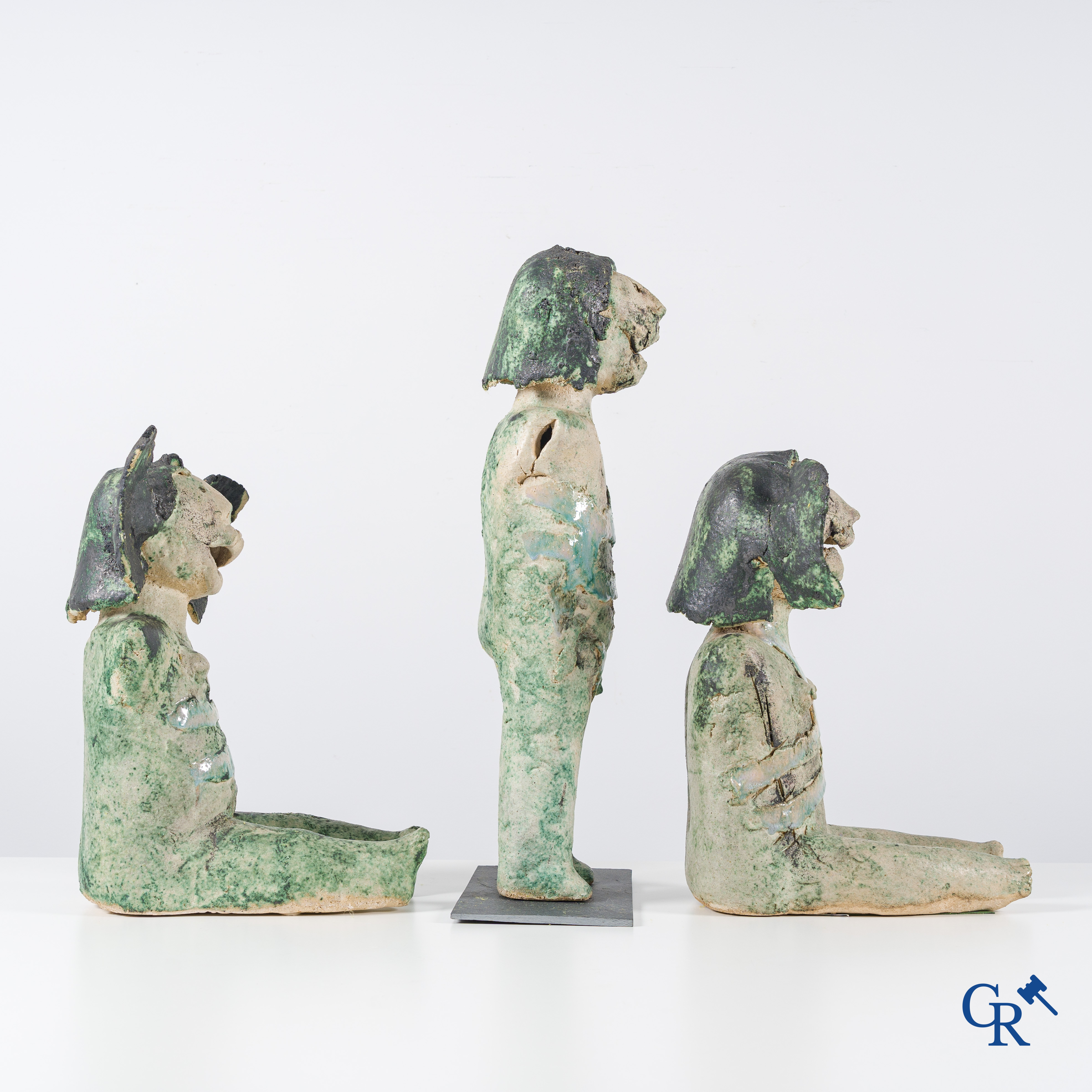 Marnix Hoys (1943): A set of 3 sculptures in glazed terra cotta. Around 1980, marked and signed.