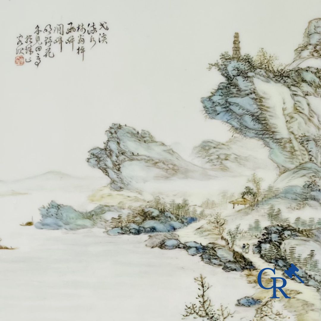 Chinese porcelain: A Chinese qianjiang cai porcelain painting in frame.