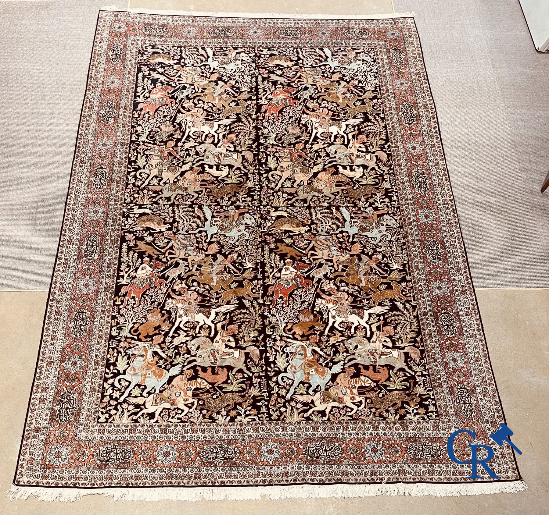 Carpets: Ghoum: Large silk carpet with hunting scenes. Wool and silk.