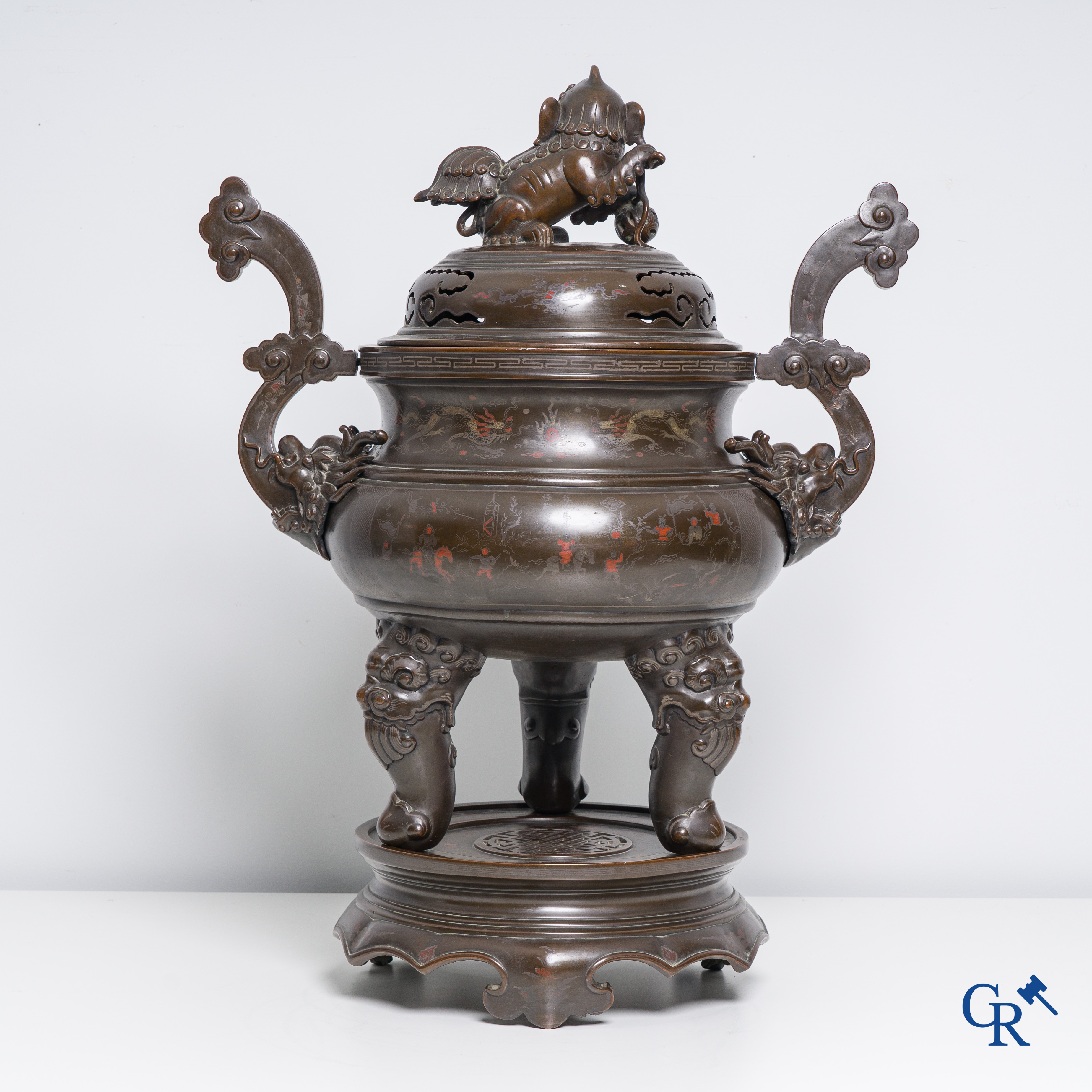 Asian Art: An impressive 3-piece Chinese bronze brûle perfume with silver and copper inlay for the Vietnamese market.