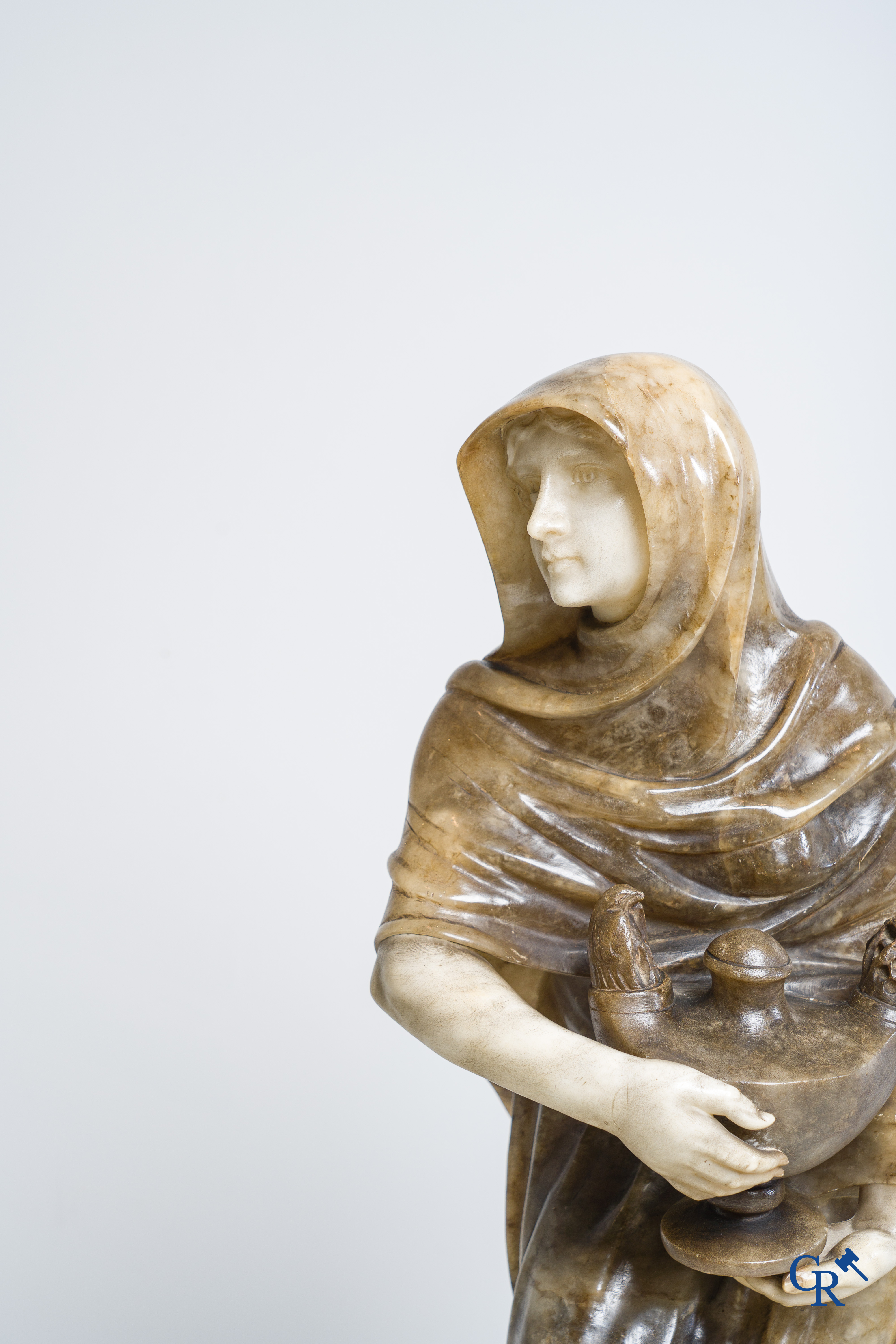 A. Del Perugia. Large statue of a Vestal Virgin in multicolored alabaster. Italian work circa 1900.