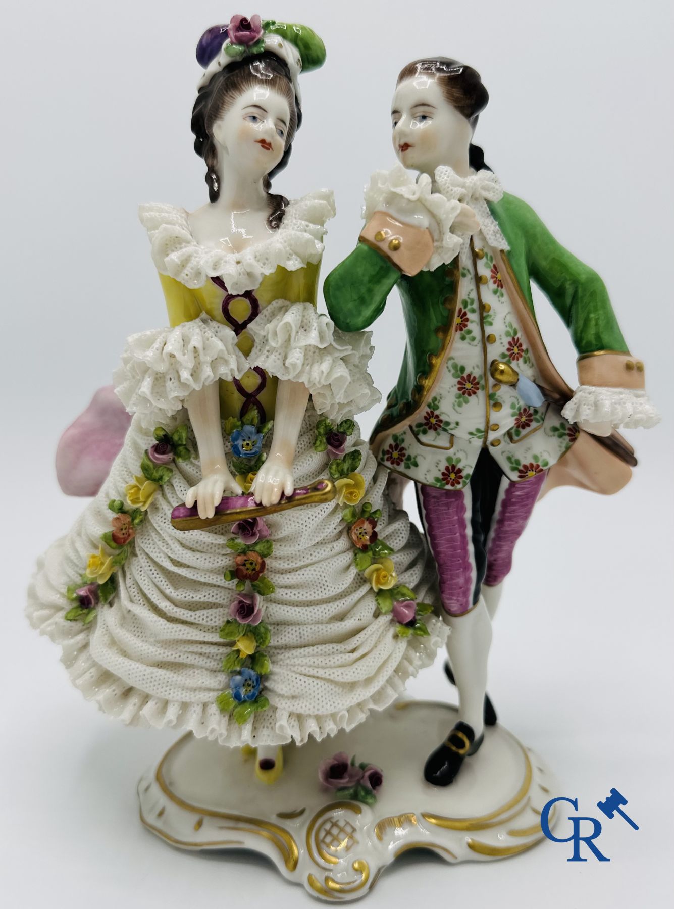 Porcelain: Volkstedt Rudolstadt: 3 porcelain romantic figures in dentelle (lace porcelain). Marked.