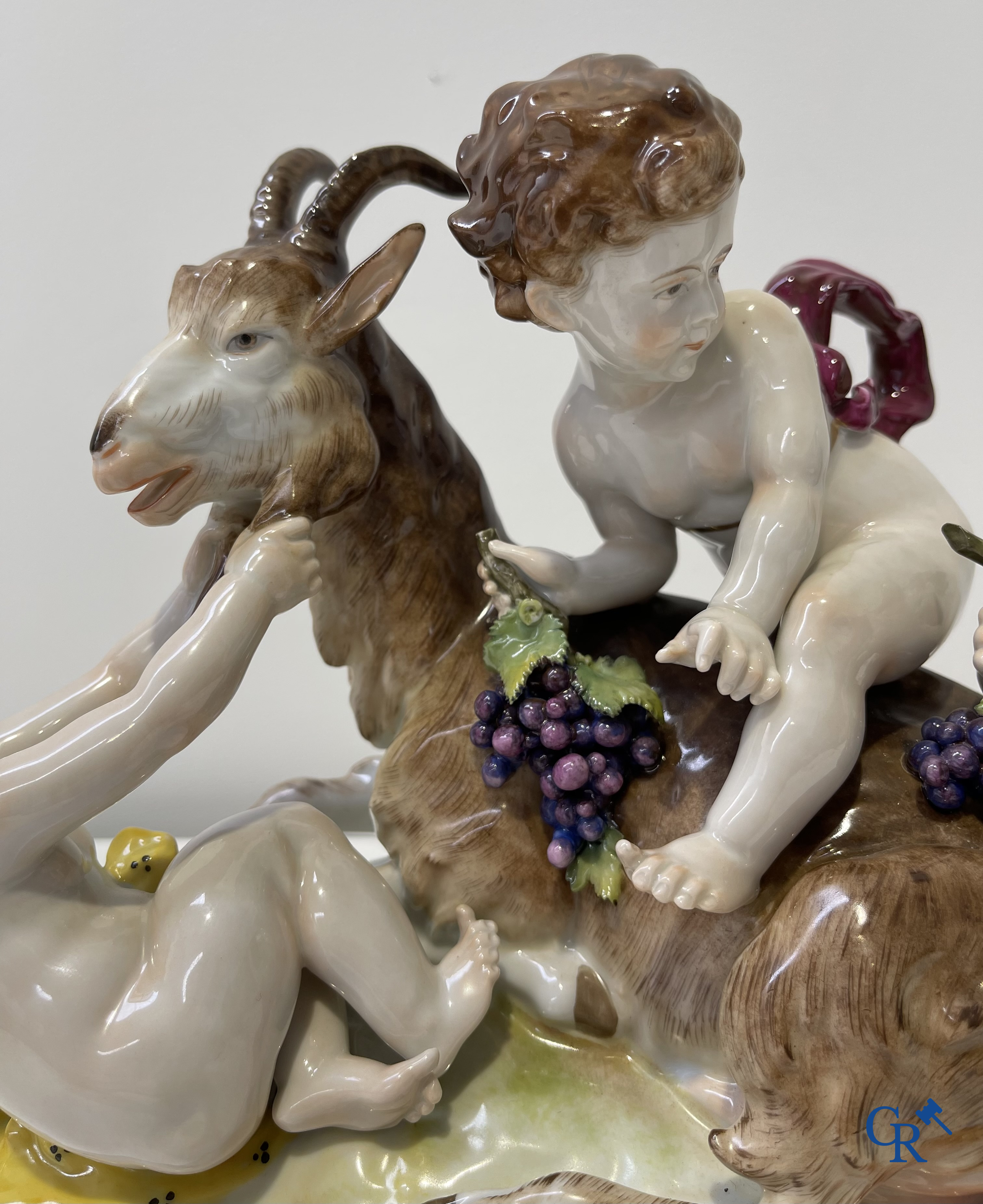 Volkstedt Rudolstadt. Large group in porcelain. Goat with children. Marked.