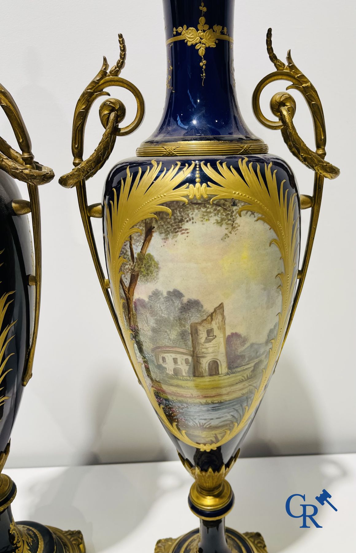 Sèvres: Poitevin. Pair of large vases in faience and bronze frames with romantic scenes. LXVI style. 19th-20th century.