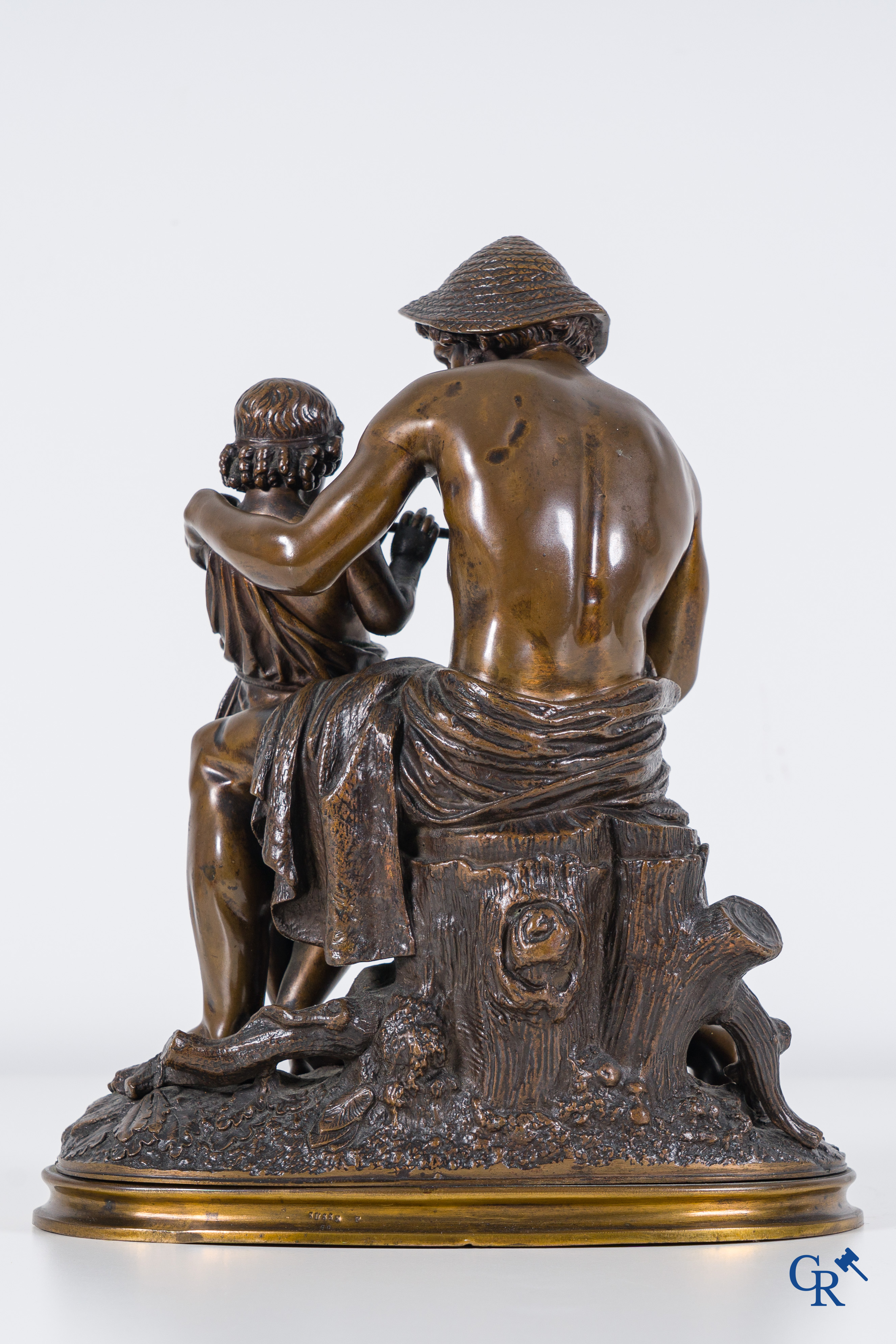 Théodore Coinchon: bronze statue of shepherd with child. Signed and marked with foundry stamp Susse fondeur.