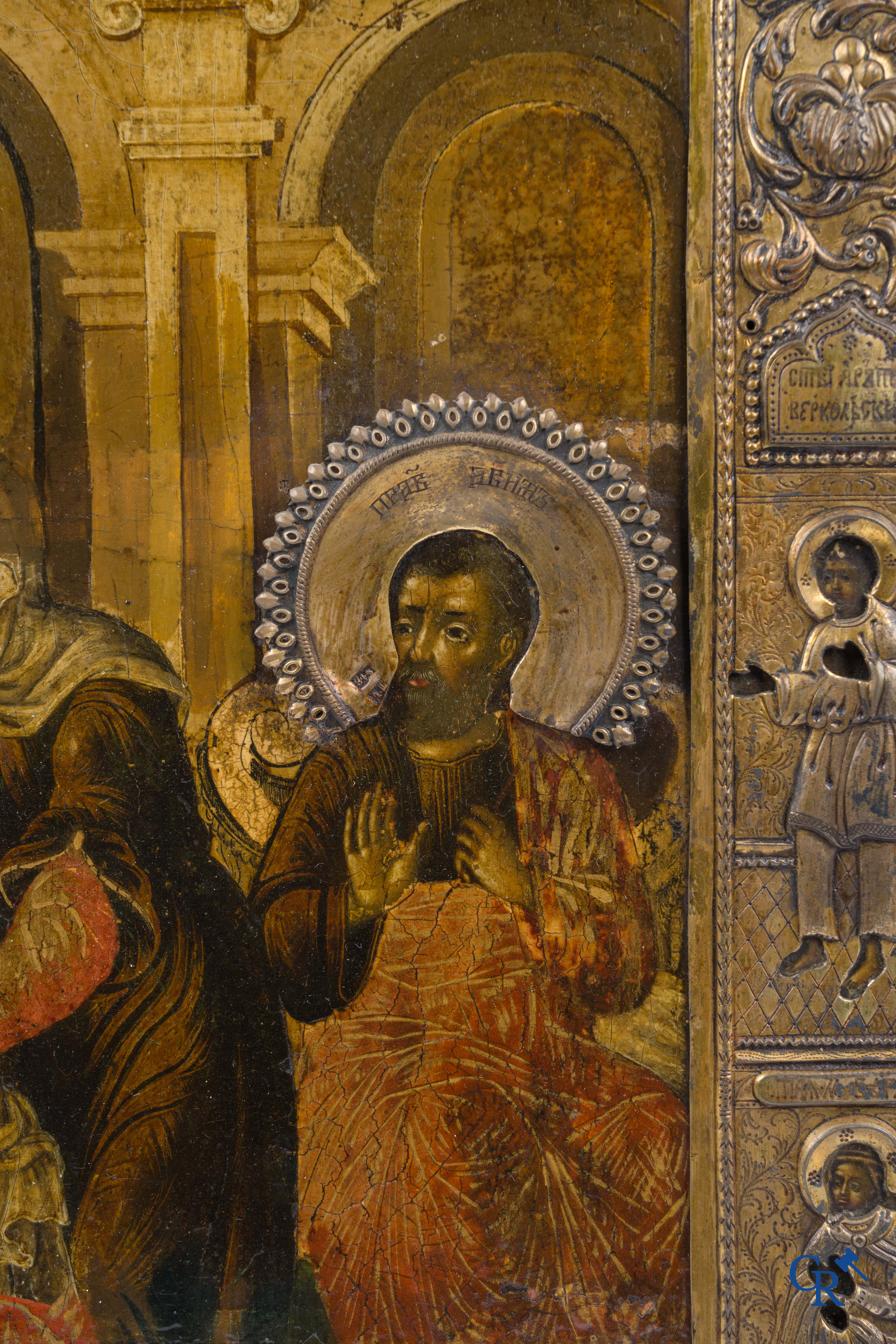 Russisch werk. De geboorte van Jezus. Grote Russische icoon met zilver oklad. Zilvergehalte 84 en gedateerd 1883.