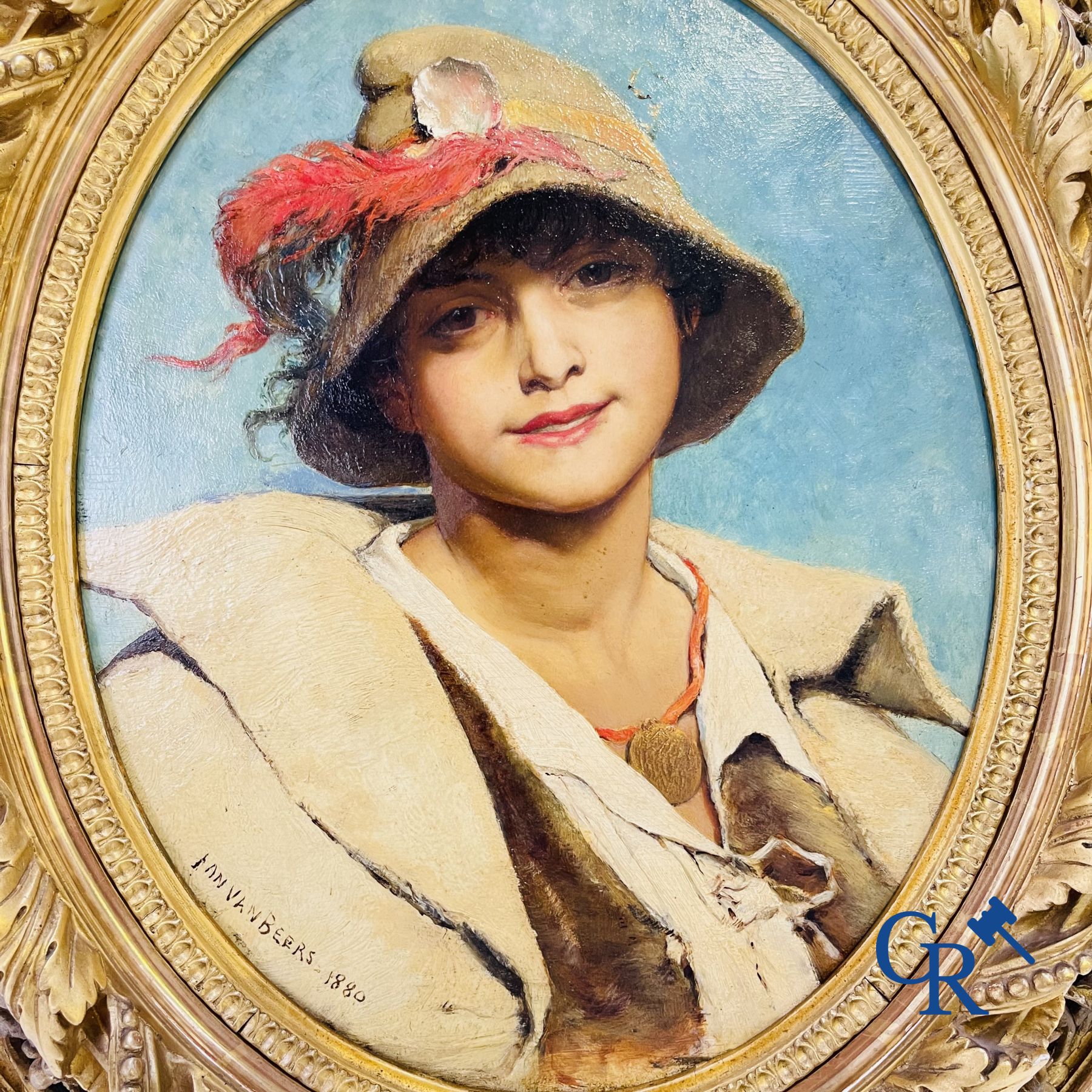 Peinture: Jan Van Beers (Lier 1852 - Fay-aux Loges 1927) Tableau romantique d'une dame avec un chapeau.