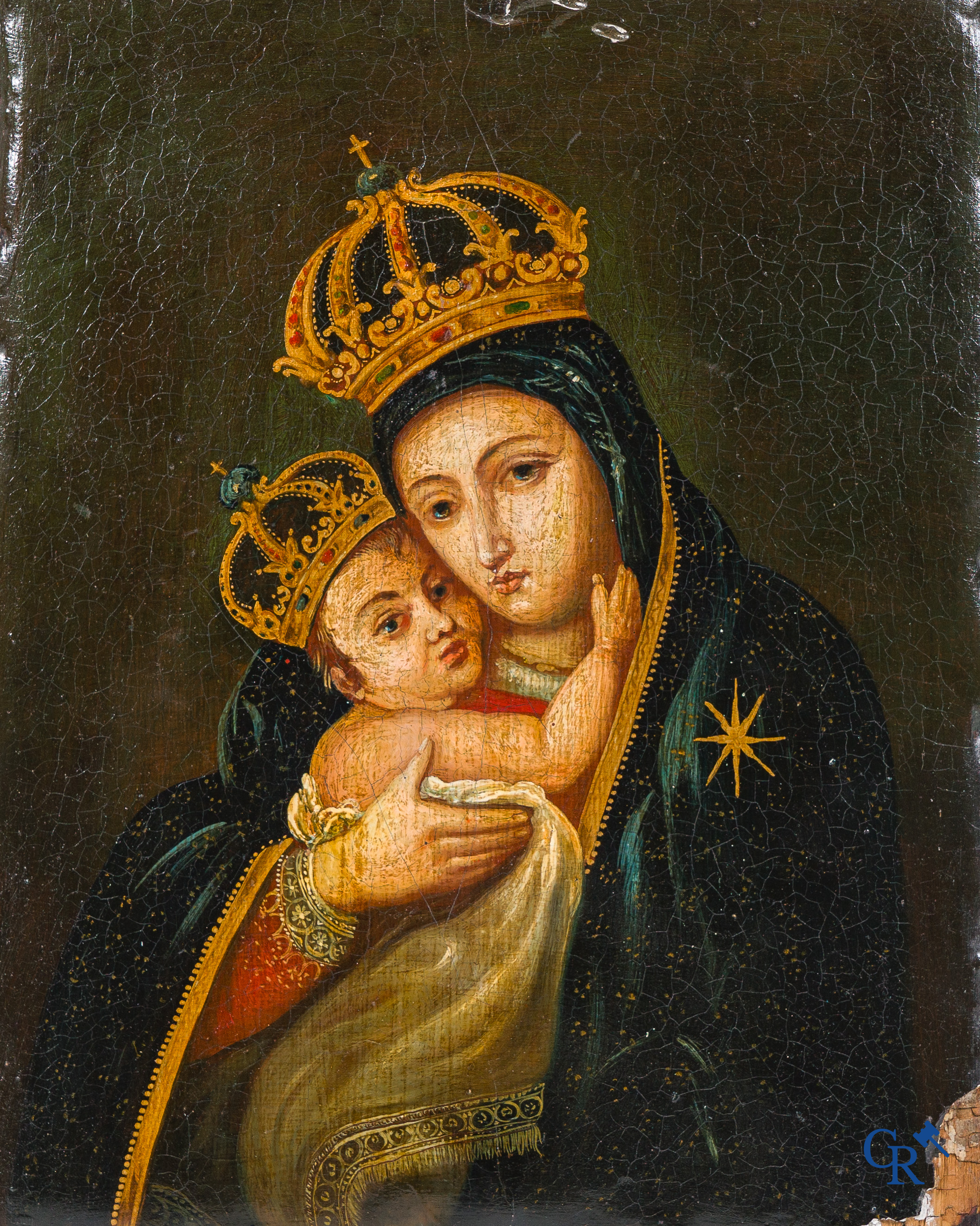 Religious painting: Mary with Child (crowned) Oil on panel. 18th century.