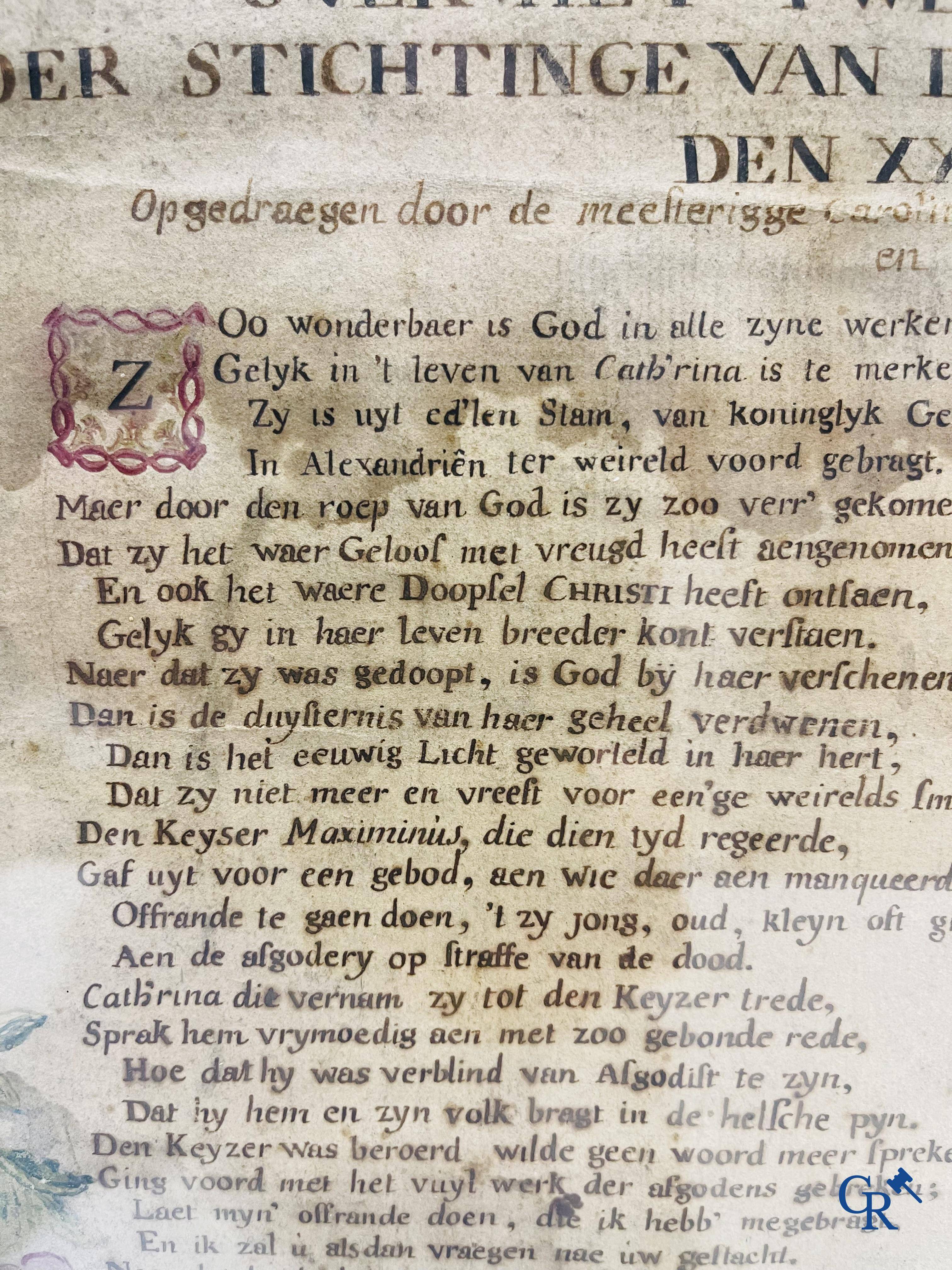 Een hand geschreven en gekleurde aankondiging voor het jubel feest in de Catharina kapel den XXV november 1771.