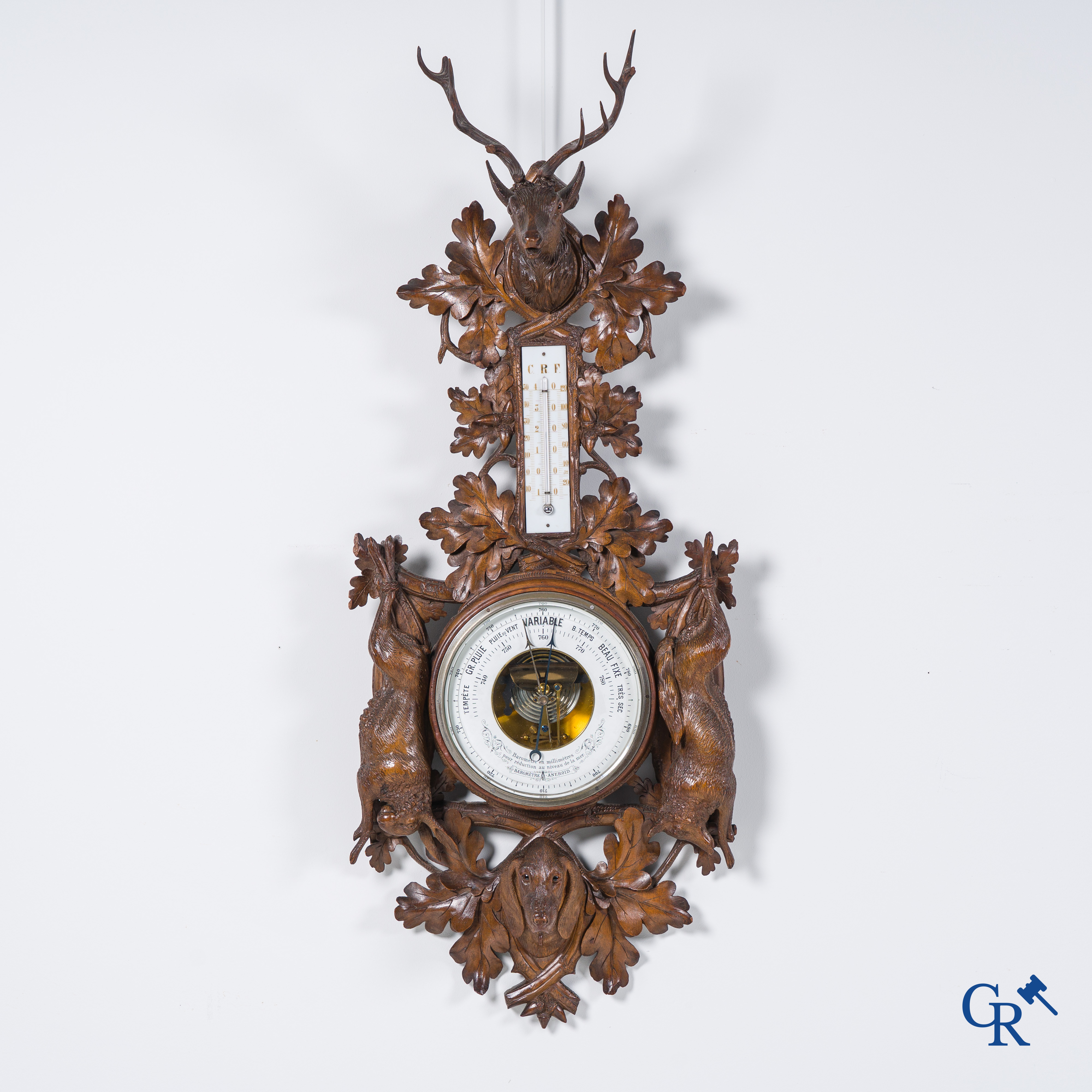 Wood carvings: Brienz Switzerland. A large barometer thermometer in finely carved lime wood, circa 1900.