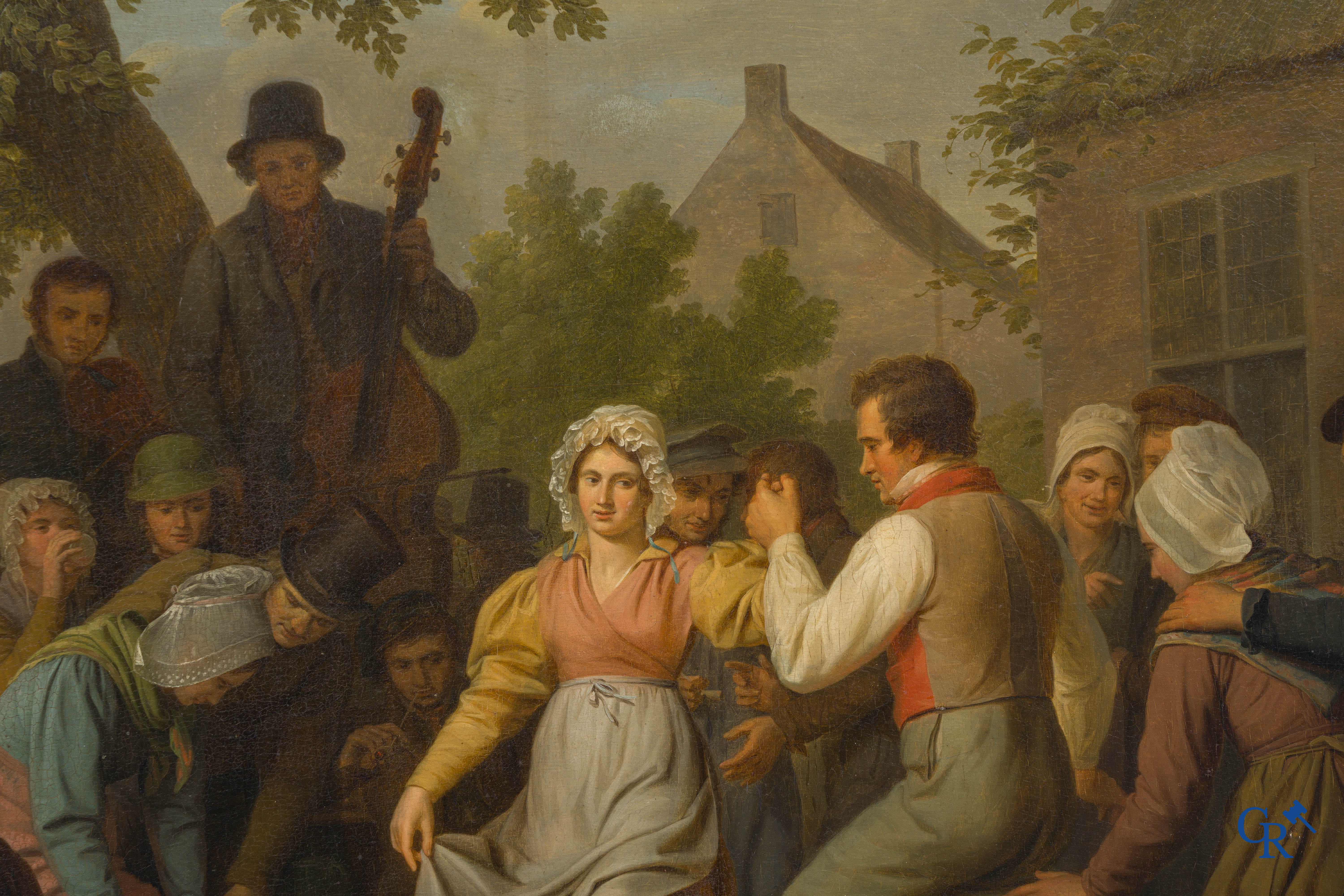 Basile De Loose (1809-1885) "Het dorpsfeest" Olie op paneel in vergulde kader. Gesigneerd B. De Loose fecit 1834.