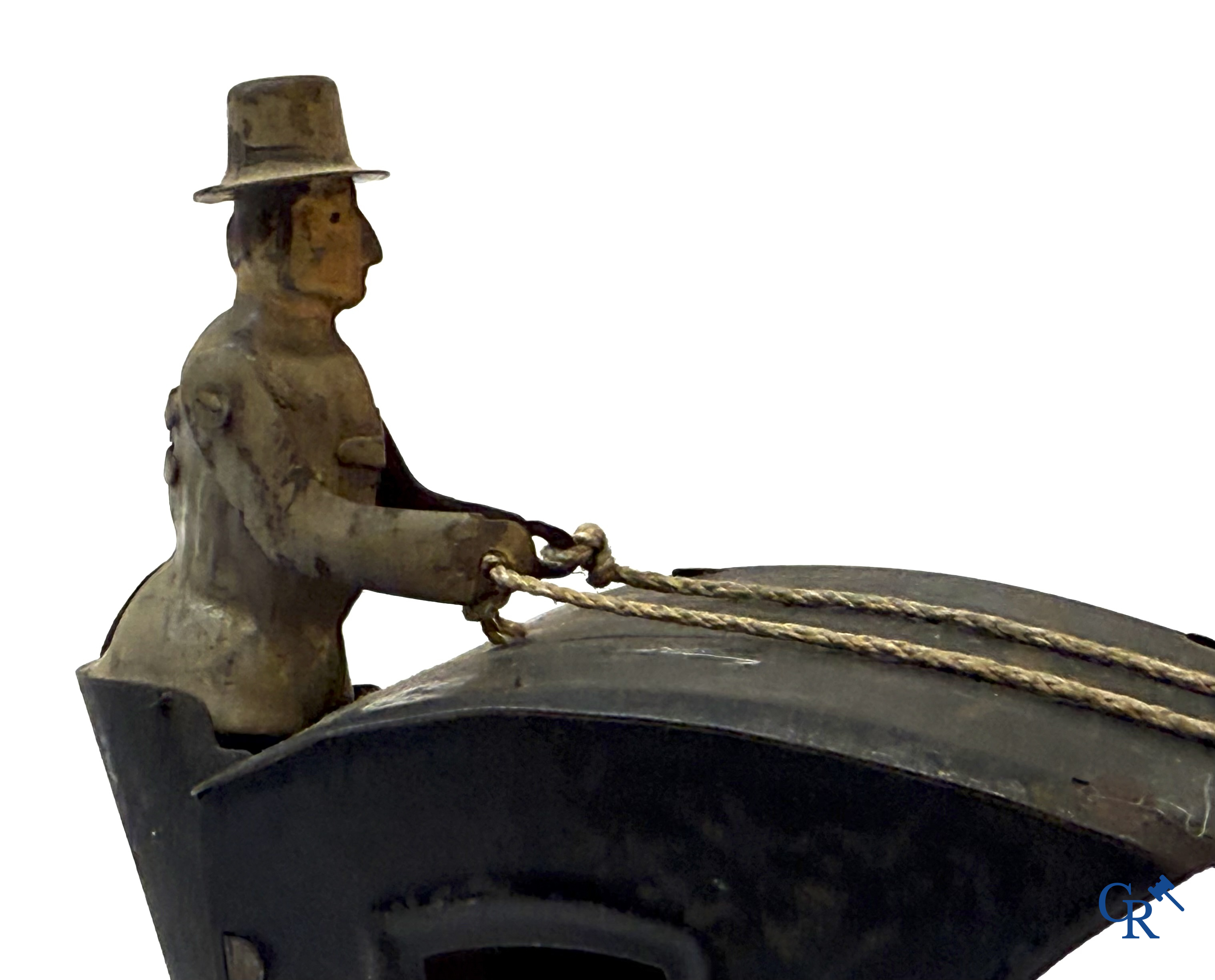 Fernand Martin, mechanisch speelgoed, zeldzame koets met paard, beschilderd blik. Gemerkt F.M. France Paris. Circa 1905.