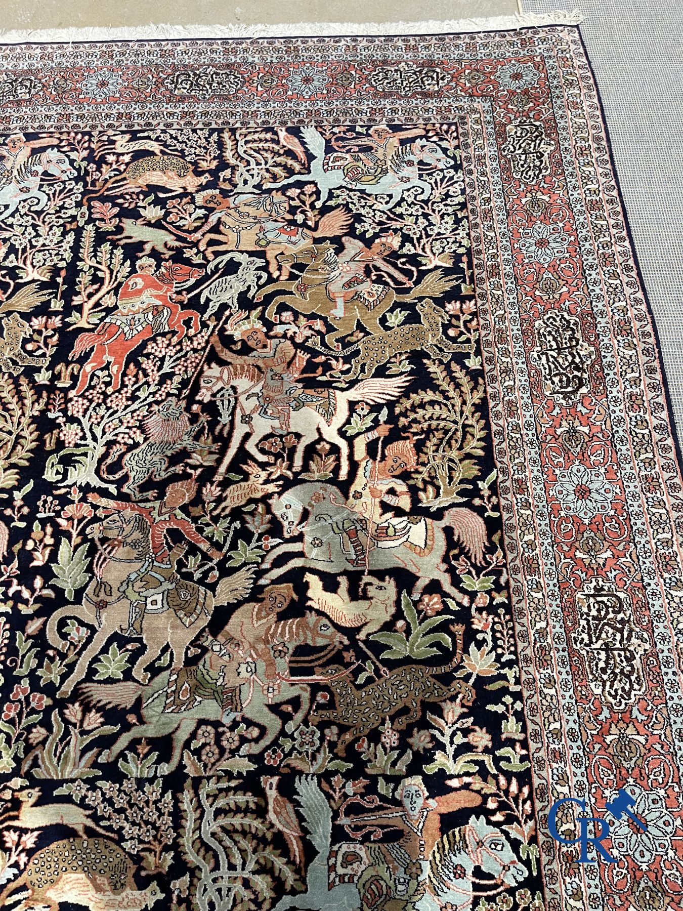 Carpets: Ghoum: Large silk carpet with hunting scenes. Wool and silk.