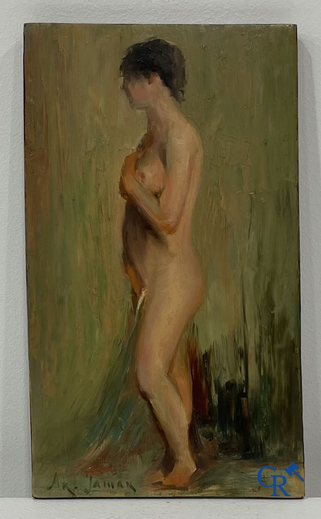 Armand Jamar: Etude d'une femme debout nue. Huile sur panneau.