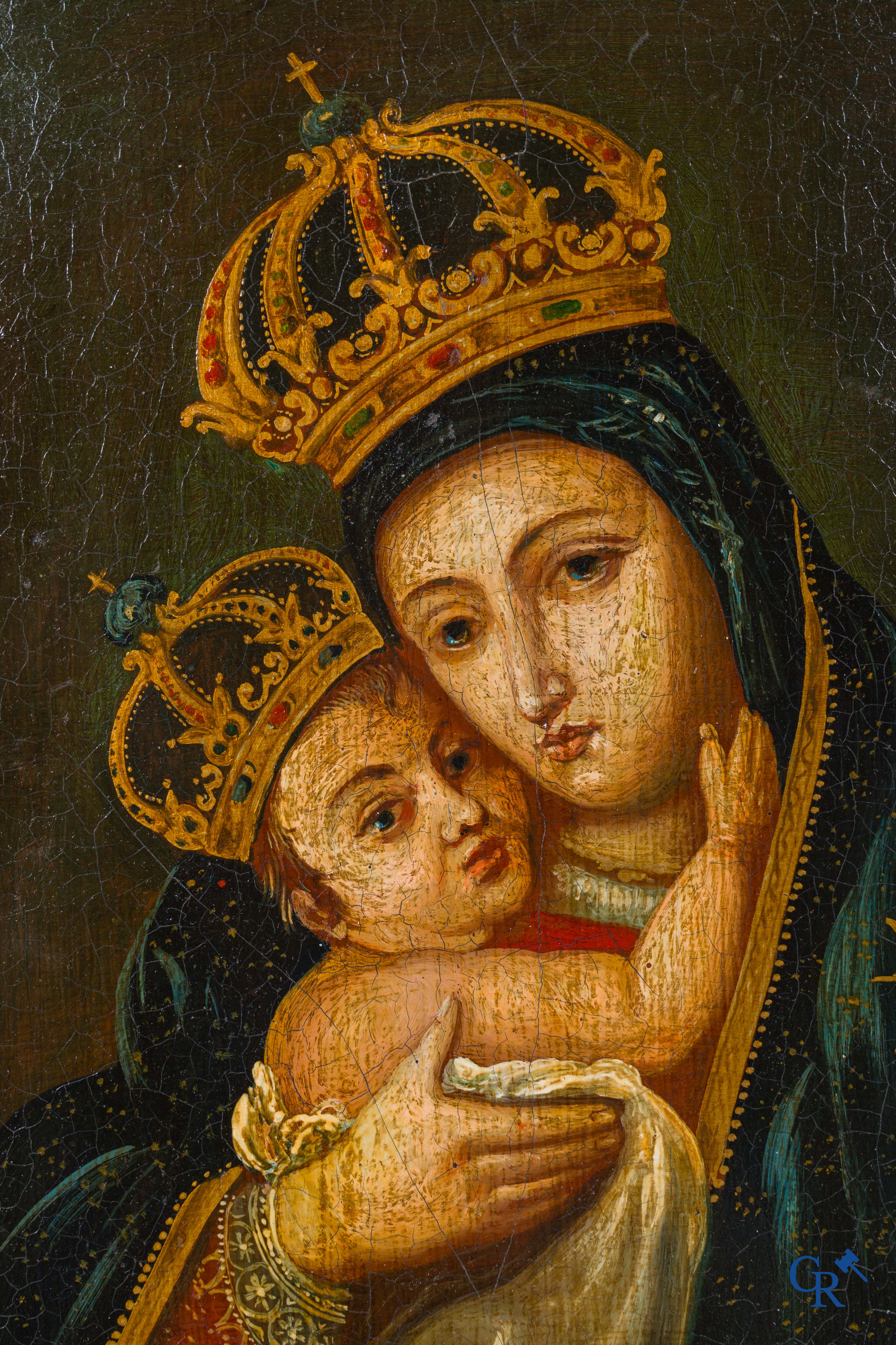 Peinture religieuse: Marie avec Enfant (couronné) Huile sur panneau. XVIIIe siècle.