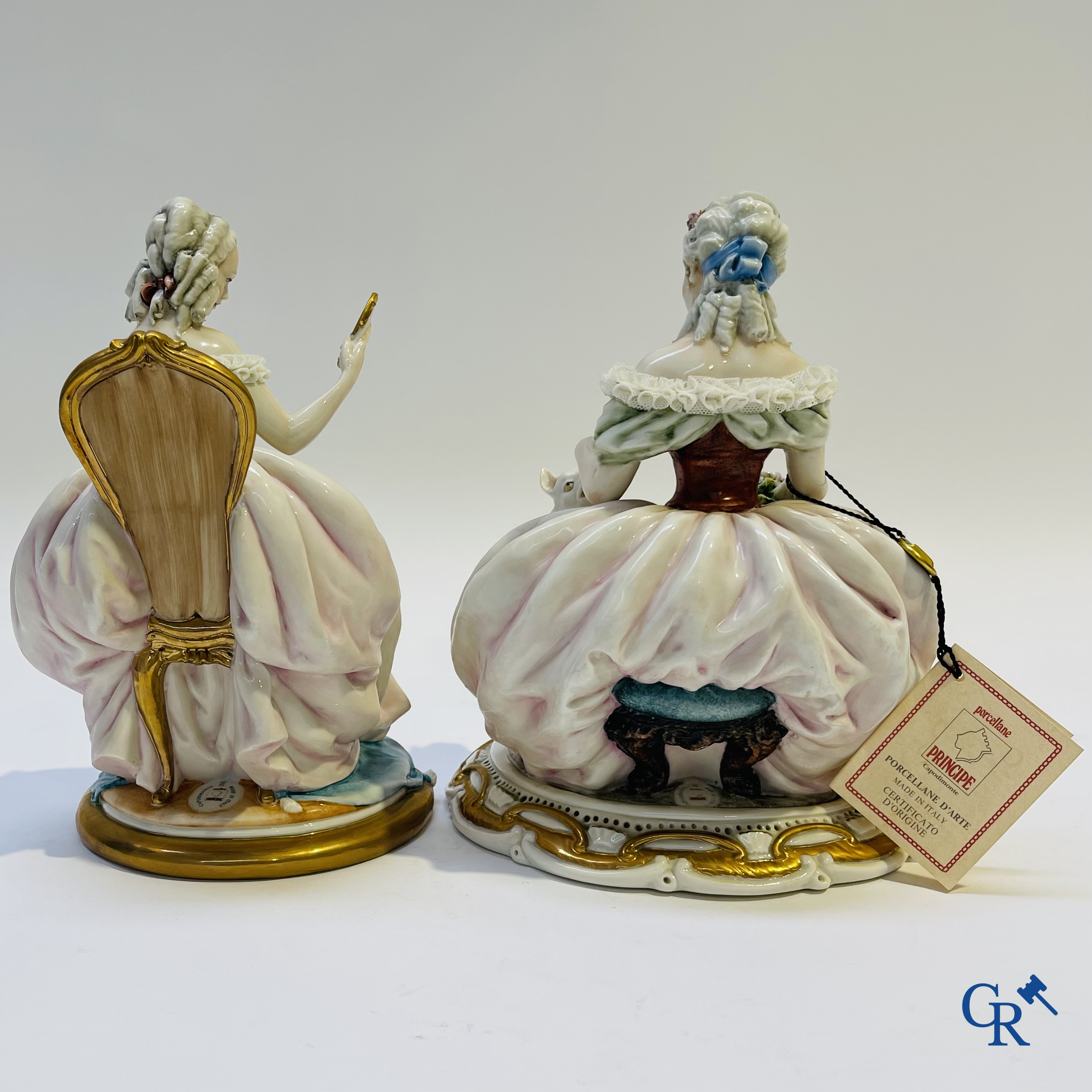 Porcelain: Capodimonte: 2 groups in Italian porcelain with lace.