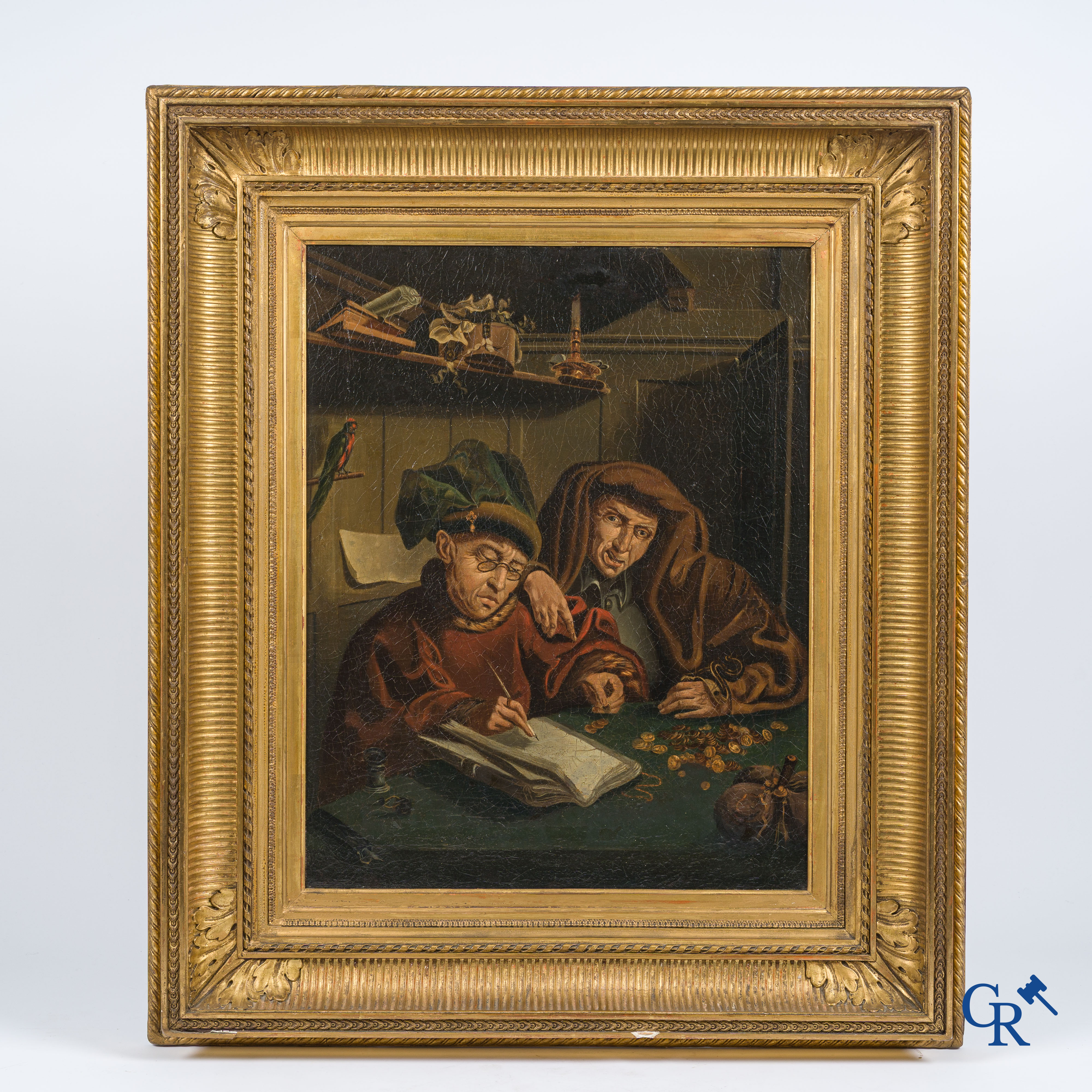 Quentin Metsys (volger van) "The tax collectors" Olie op doek. Herdoekt.