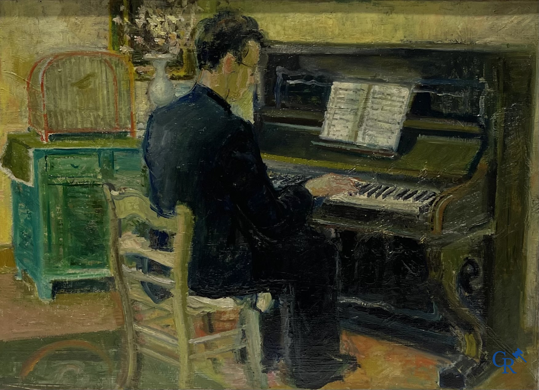 De pianist. Schilderij, olie op doek. Niet gesigneerd.