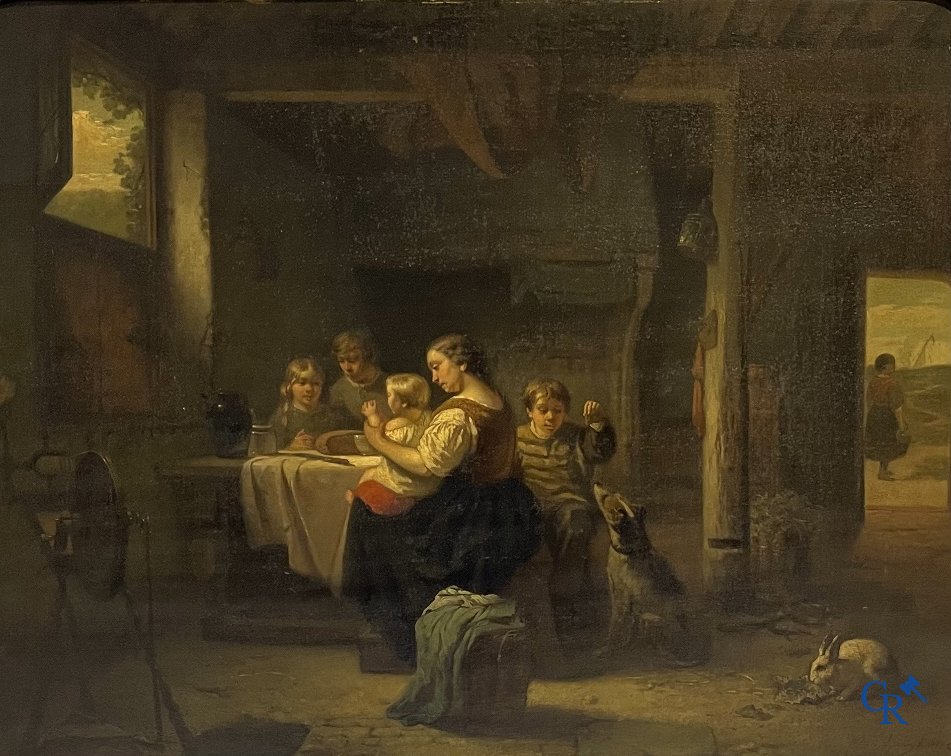 Willem I Linnig (1819-1885) Schilderij, olie op paneel "Het jonge gezin" Gesigneerd en gedateerd 1855.