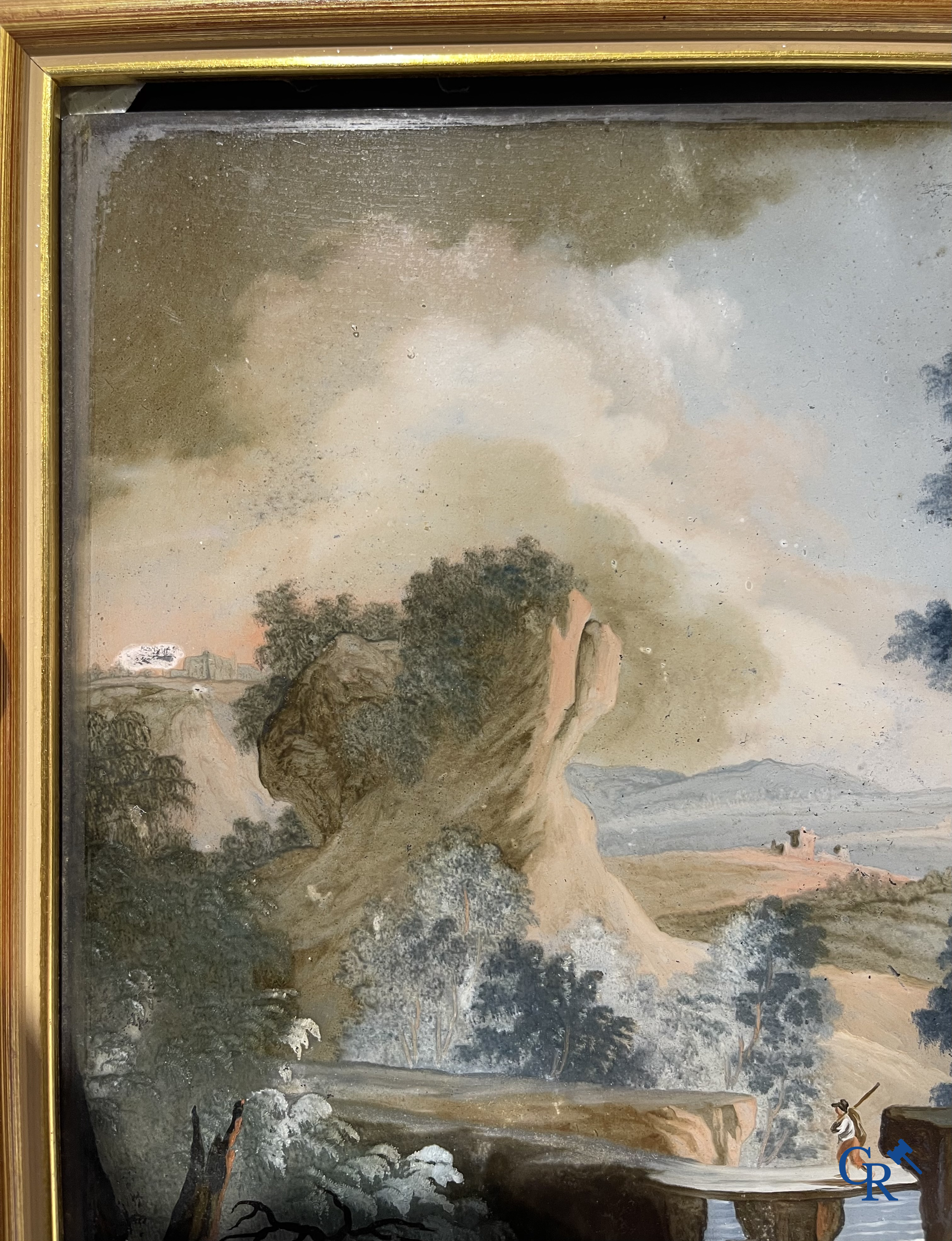 Achterglasschildering of Verre églomisé, Italiaans landschap met een rivier. Italiaanse of Franse school circa 1800.