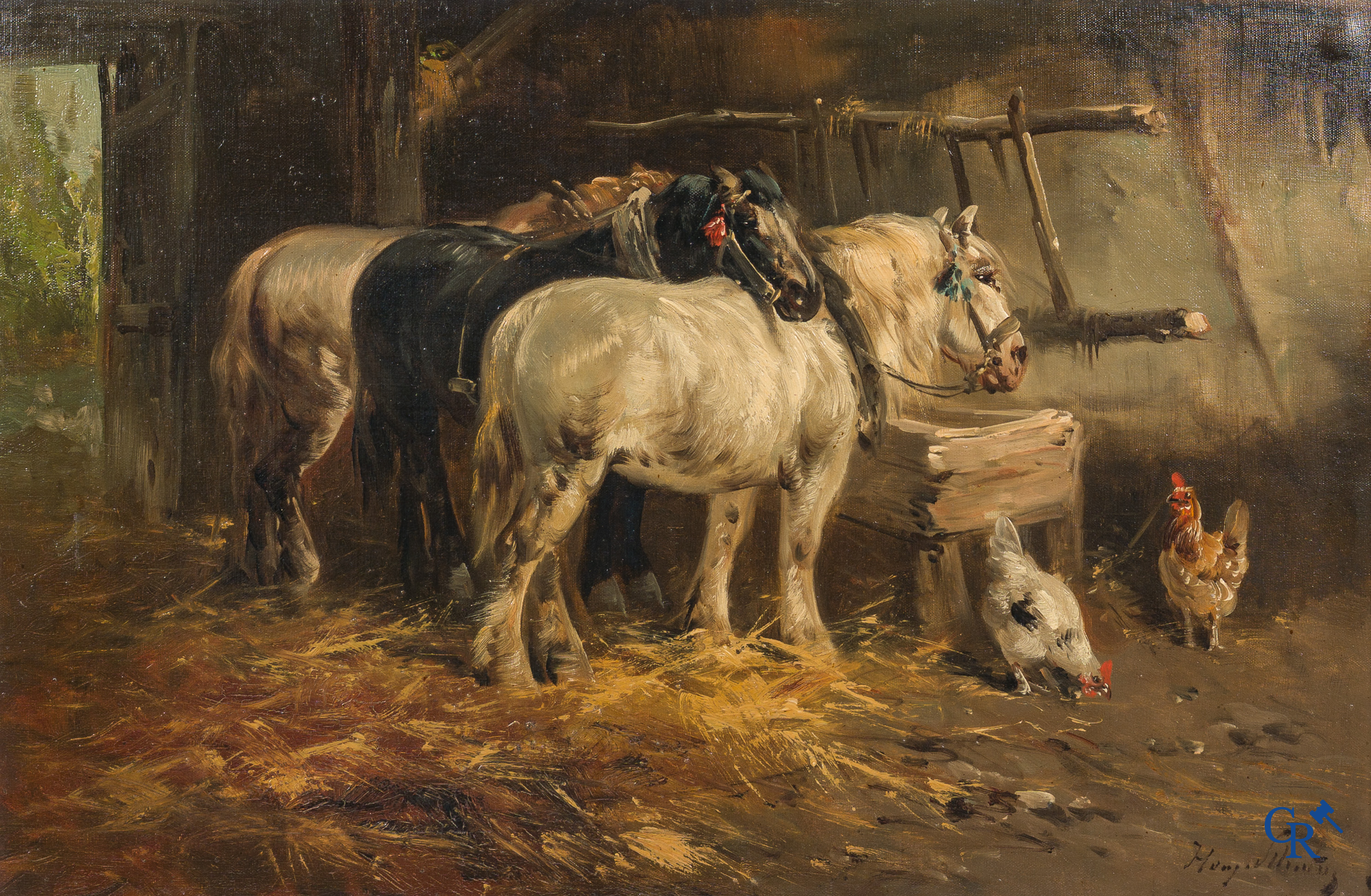 Henry Schouten. Paarden en kippen in een stal. Olie op doek. Gesigneerd rechtsonder.