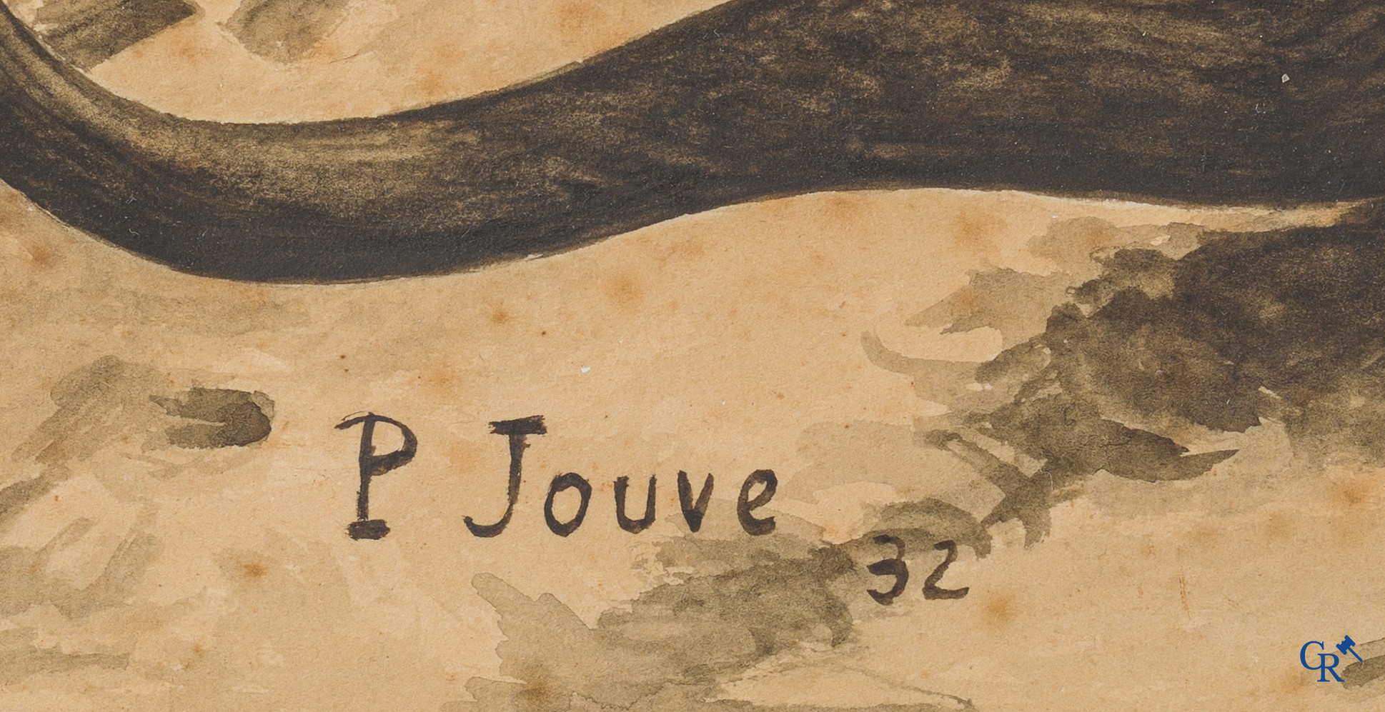 Jouve Paul (1878-1973) 2 leeuwen observeren hun prooi. Waterverf en potlood op tekenpapier. Gedateerd 1932.