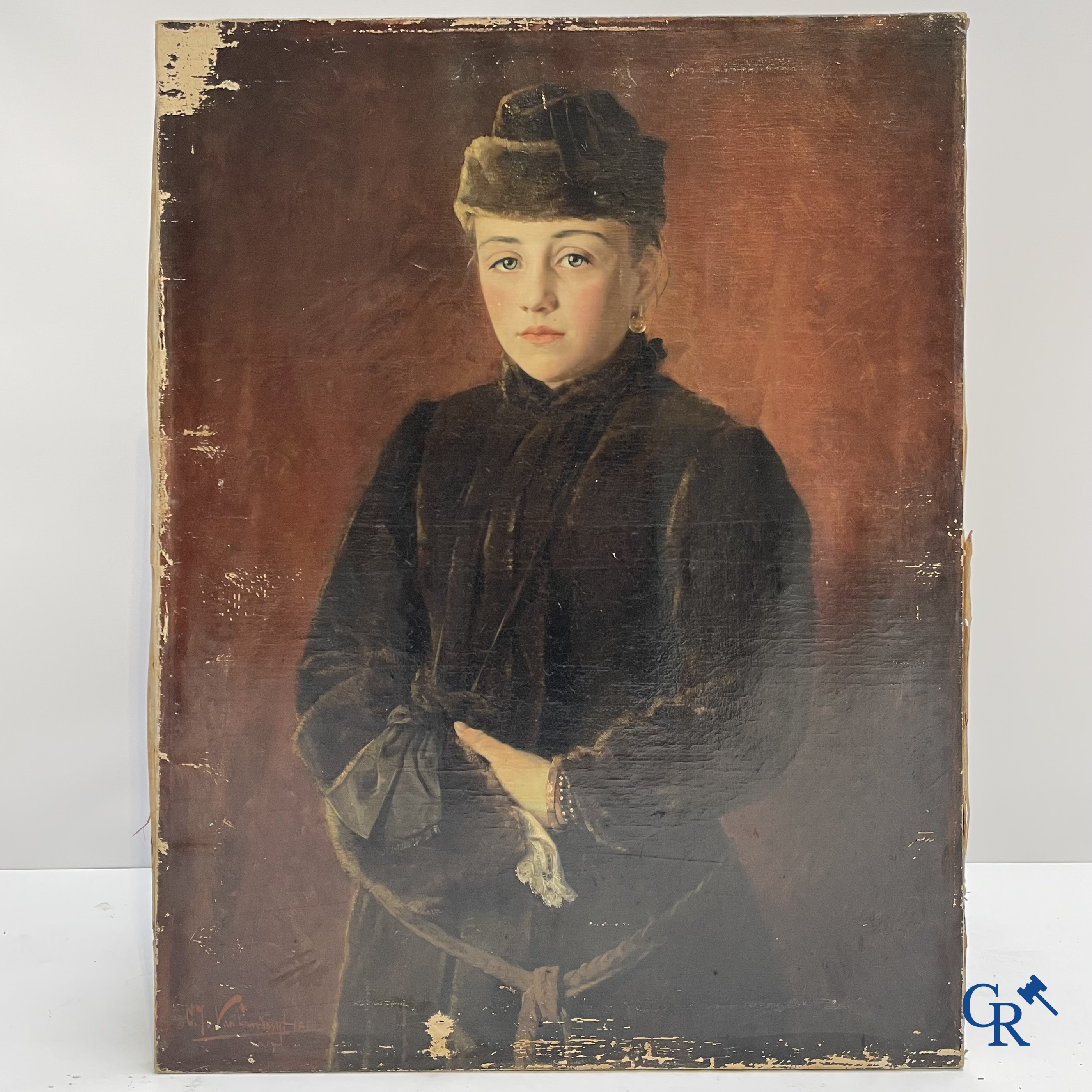 Charles Joseph Van Landuyt (1854-1934) Portretschilderij van een jonge dame met pelsmantel, 1888. Olie op doek.