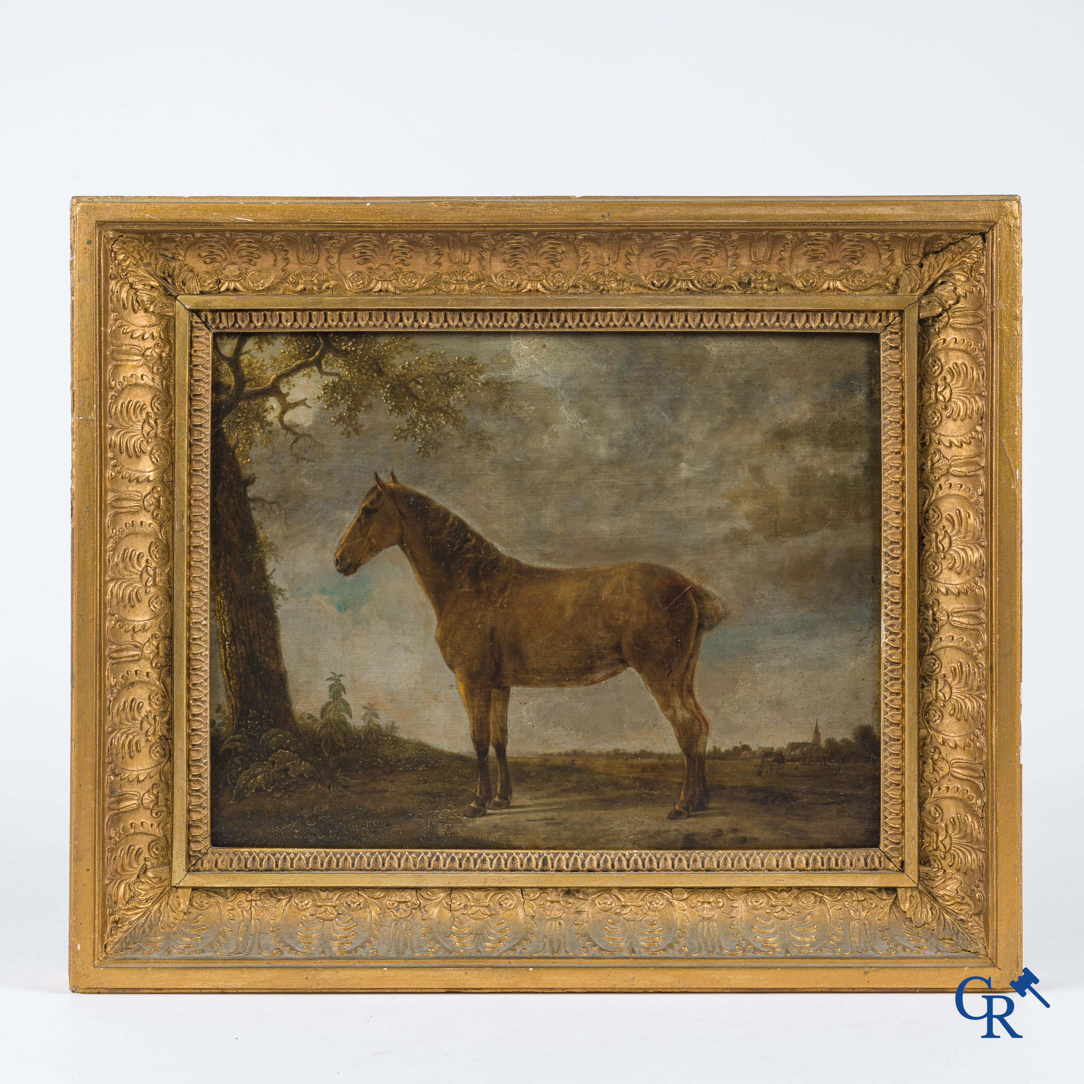 Schilderij, olie op paneel, paard in een weide. 19e eeuw.