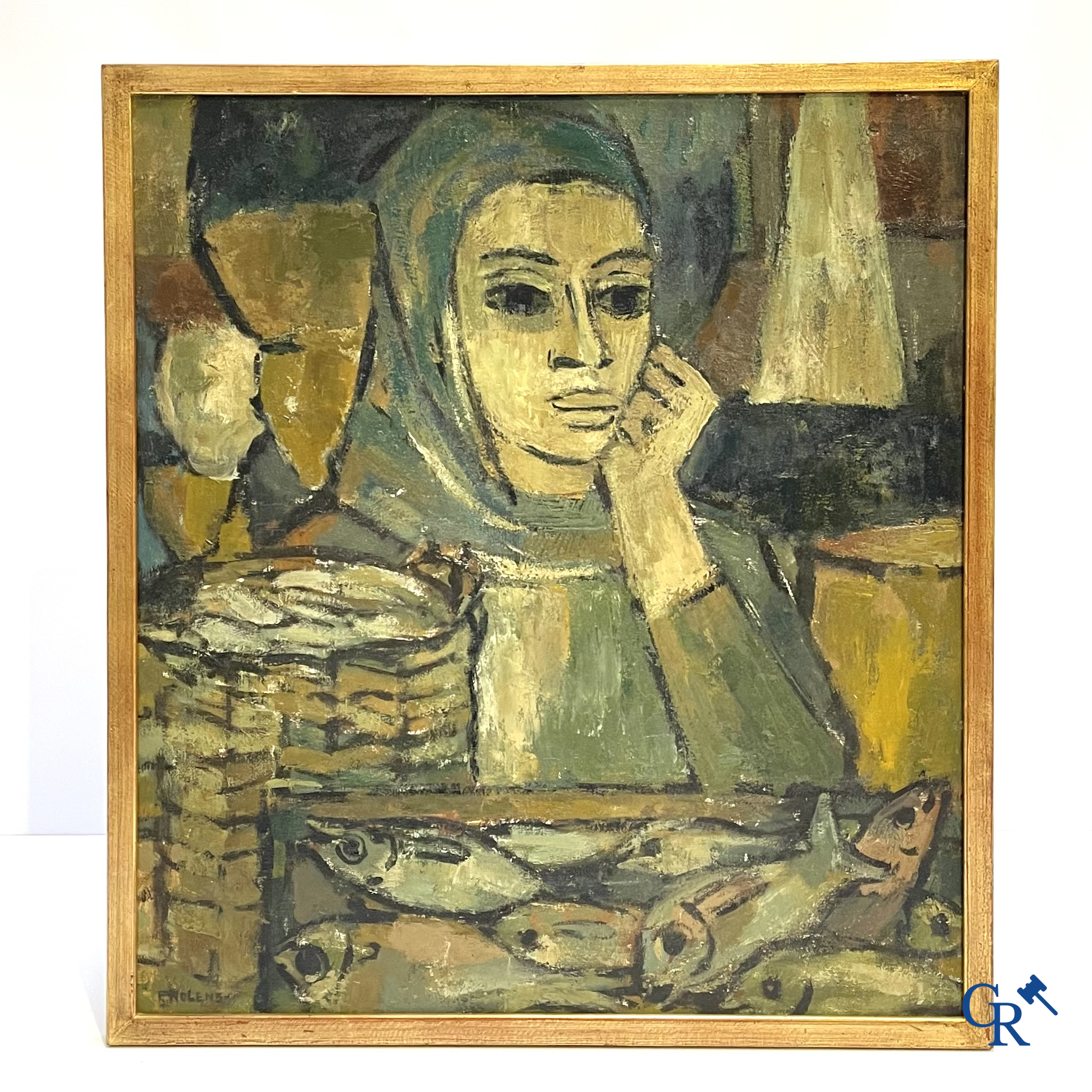 Paule Nolens (1924) Visverkoopster. Olie op doek. Gesigneerd linksonder.