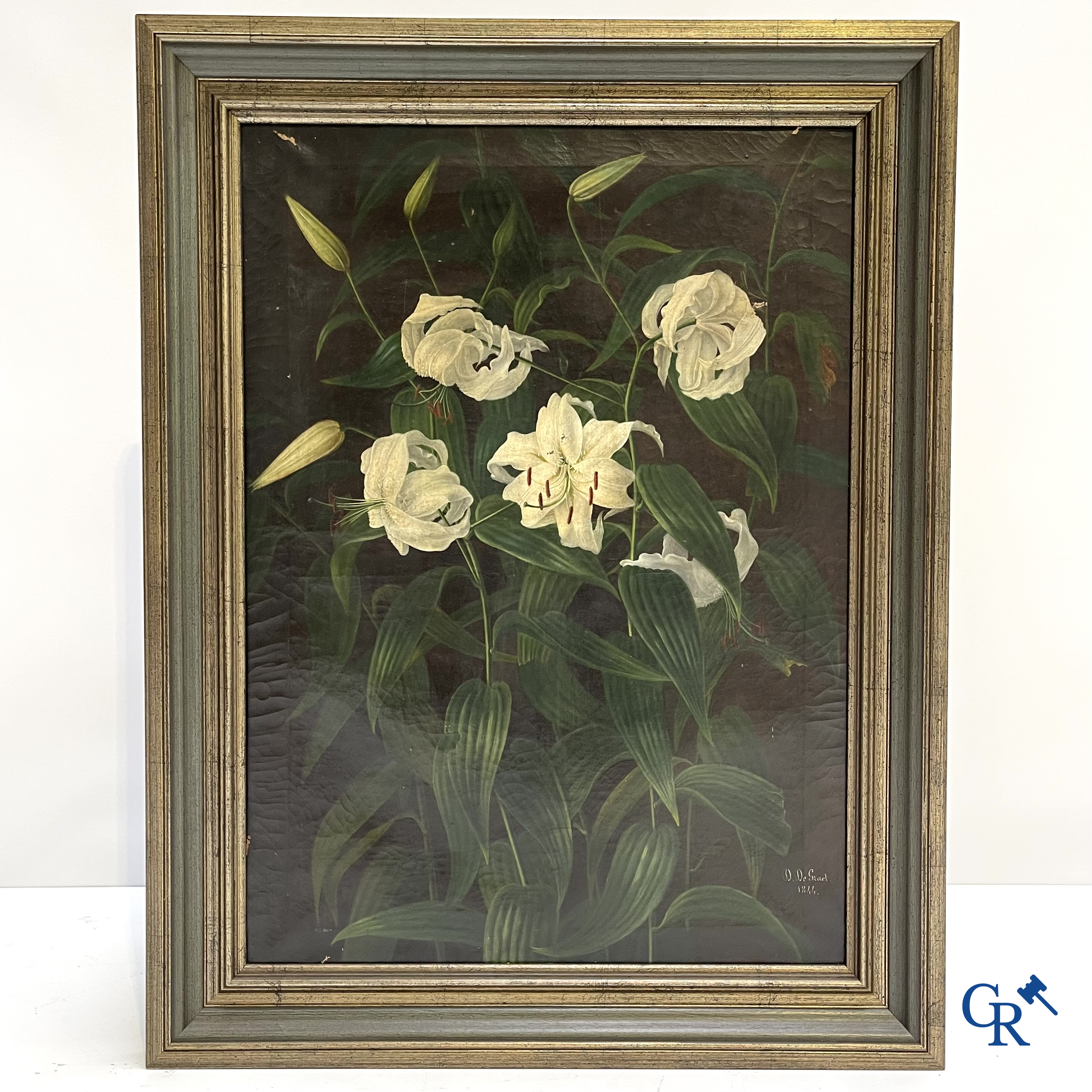 D. De Graet, 1844. Witte lelies. Schilderij, olie op doek. Gesigneerd en gedateerd rechtsonder.