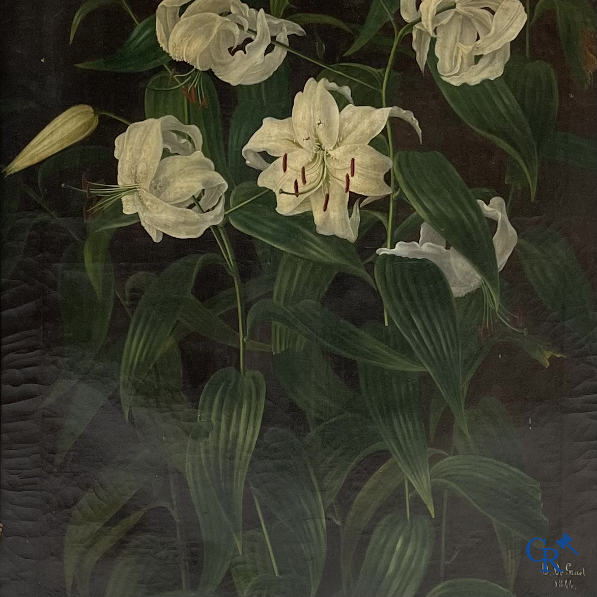 D. De Graet, 1844. Witte lelies. Schilderij, olie op doek. Gesigneerd en gedateerd rechtsonder.