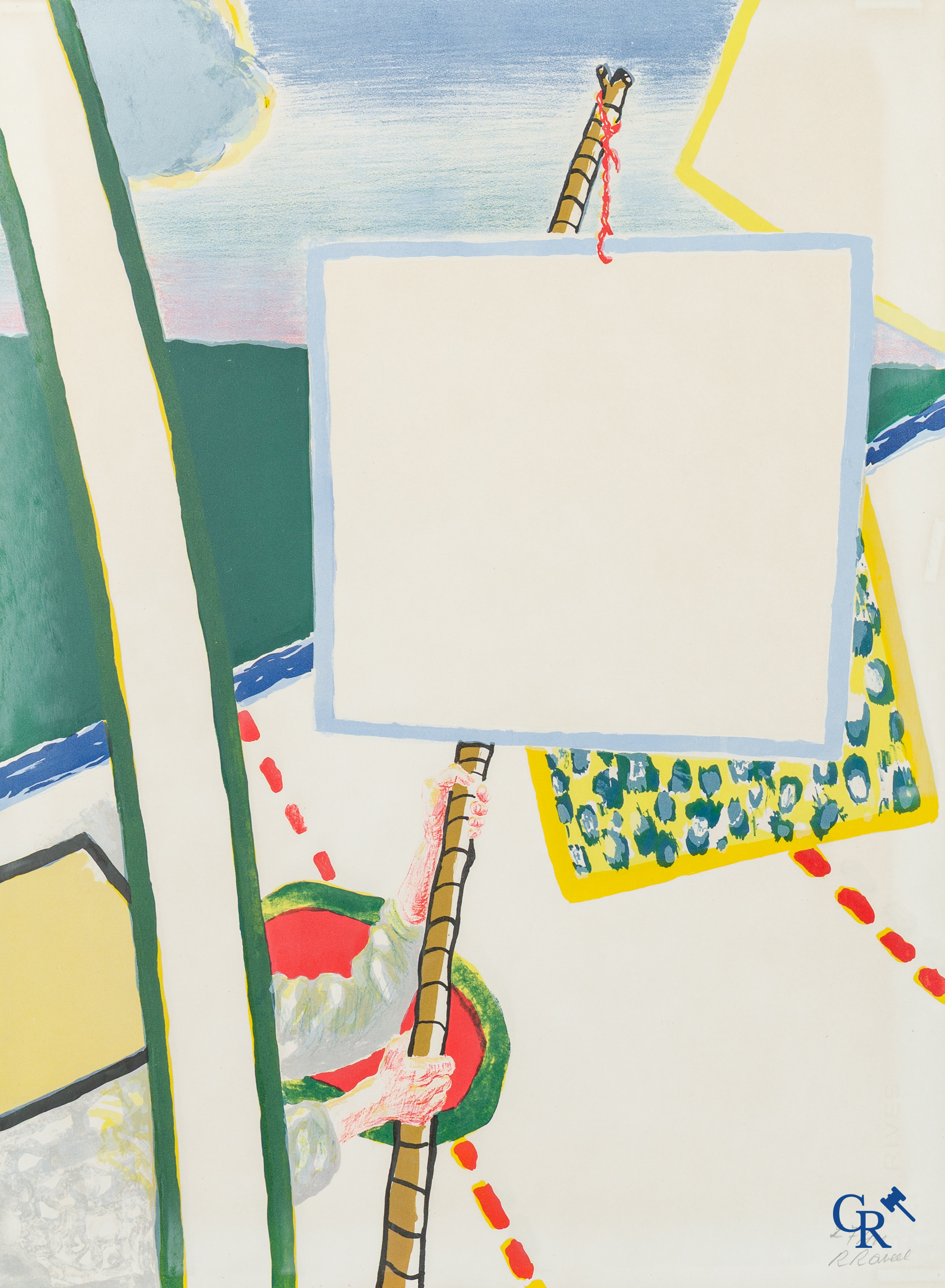 Roger Raveel. Kleurenlithografie, De schilderijenoptocht van 1978 te Machelen aan-de-Leie. 1979, genummerd 27/110.