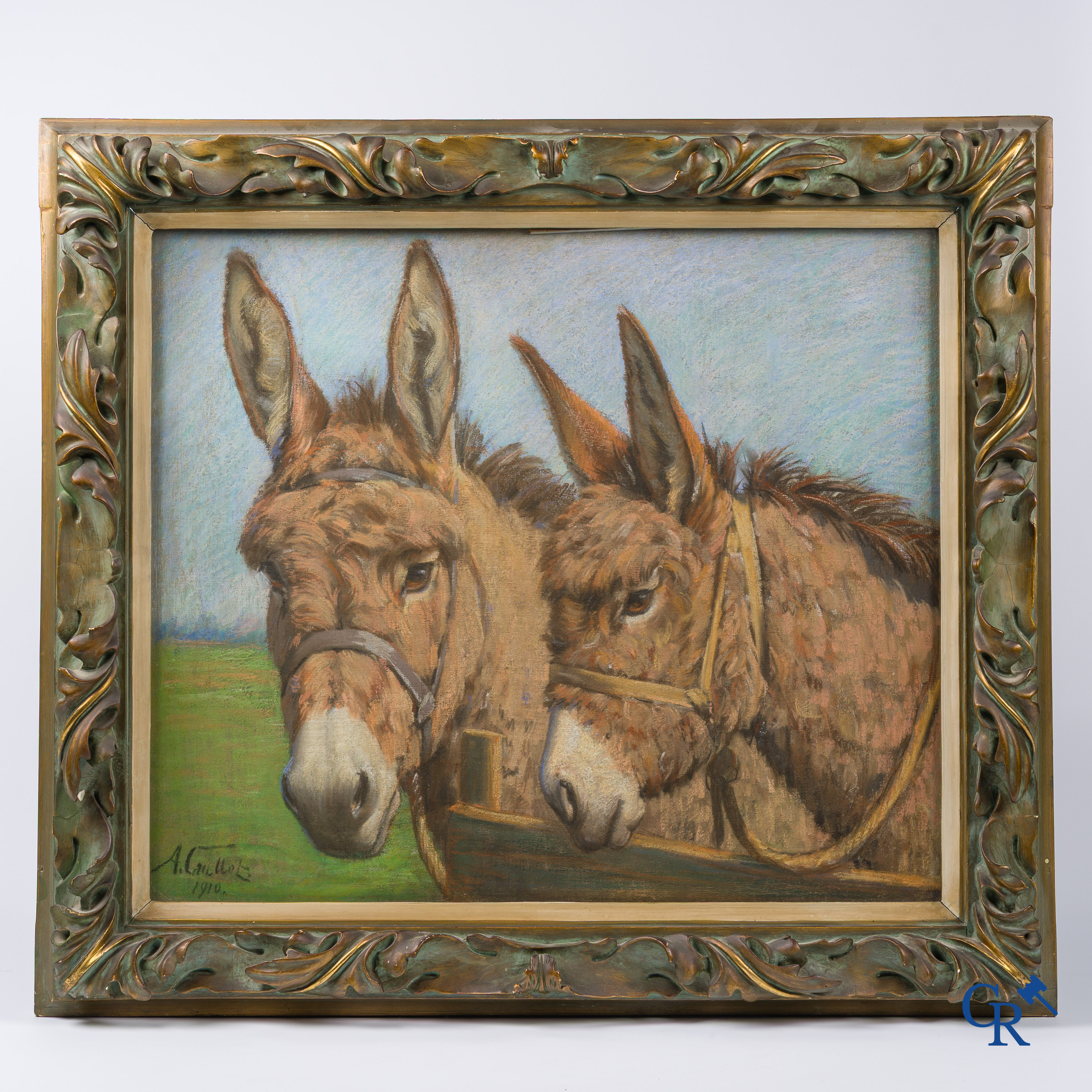 Albert Caullet. 2 ezels bij het hek. Pastelkrijt op doek. Gesigneerd en gedateerd linksonder, A. Caullet 1910.