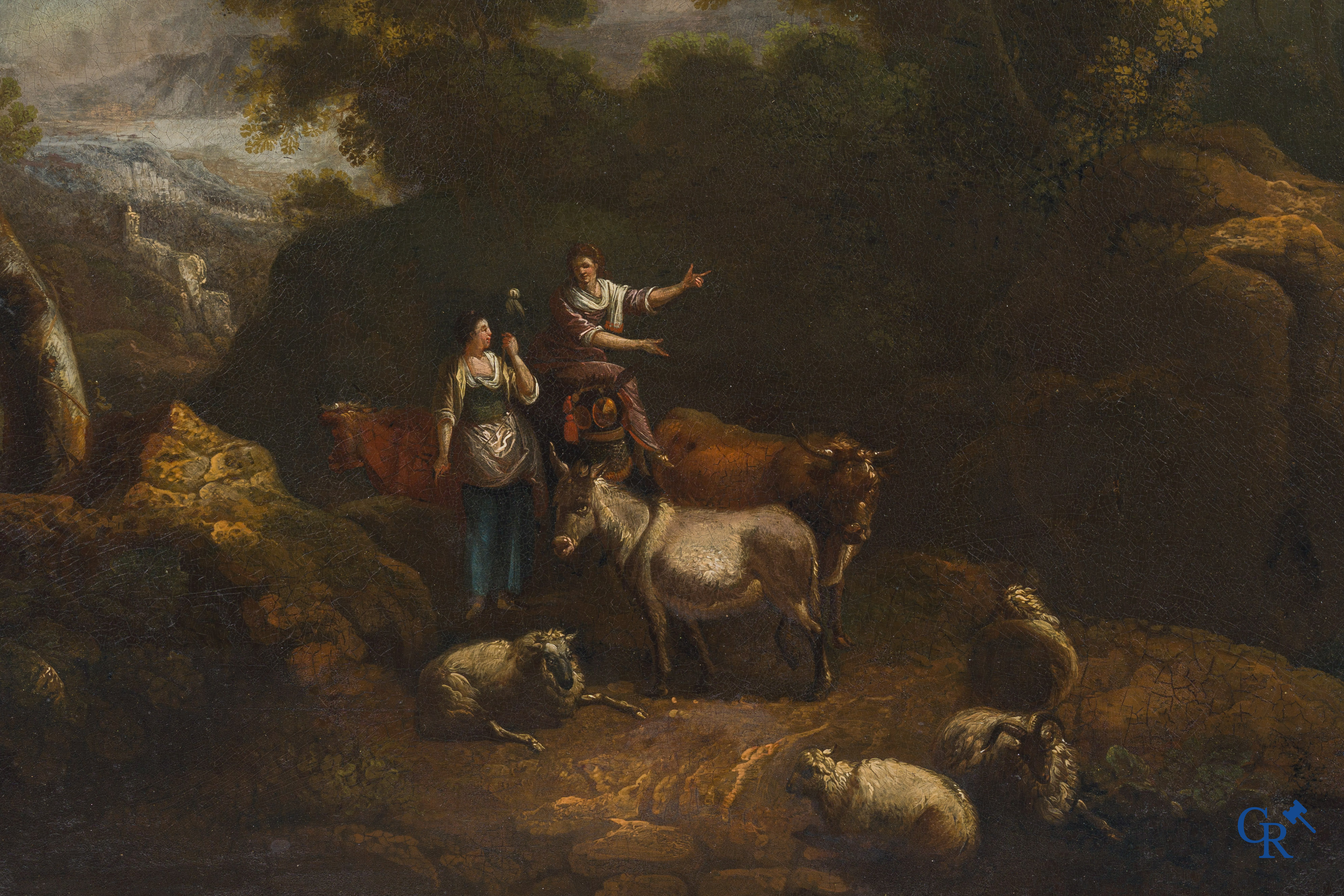 Pastorale scène. Olie op paneel. Geen signatuur merkbaar. 17e eeuw.